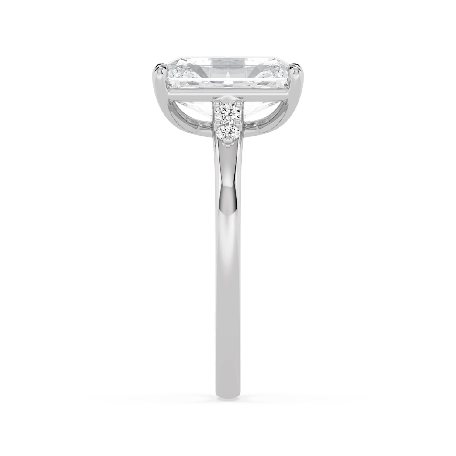 Oak, Four Prong Radiant Solitaire, Two Small Stones Each Side in White Gold, radiant, plain background, alternate view