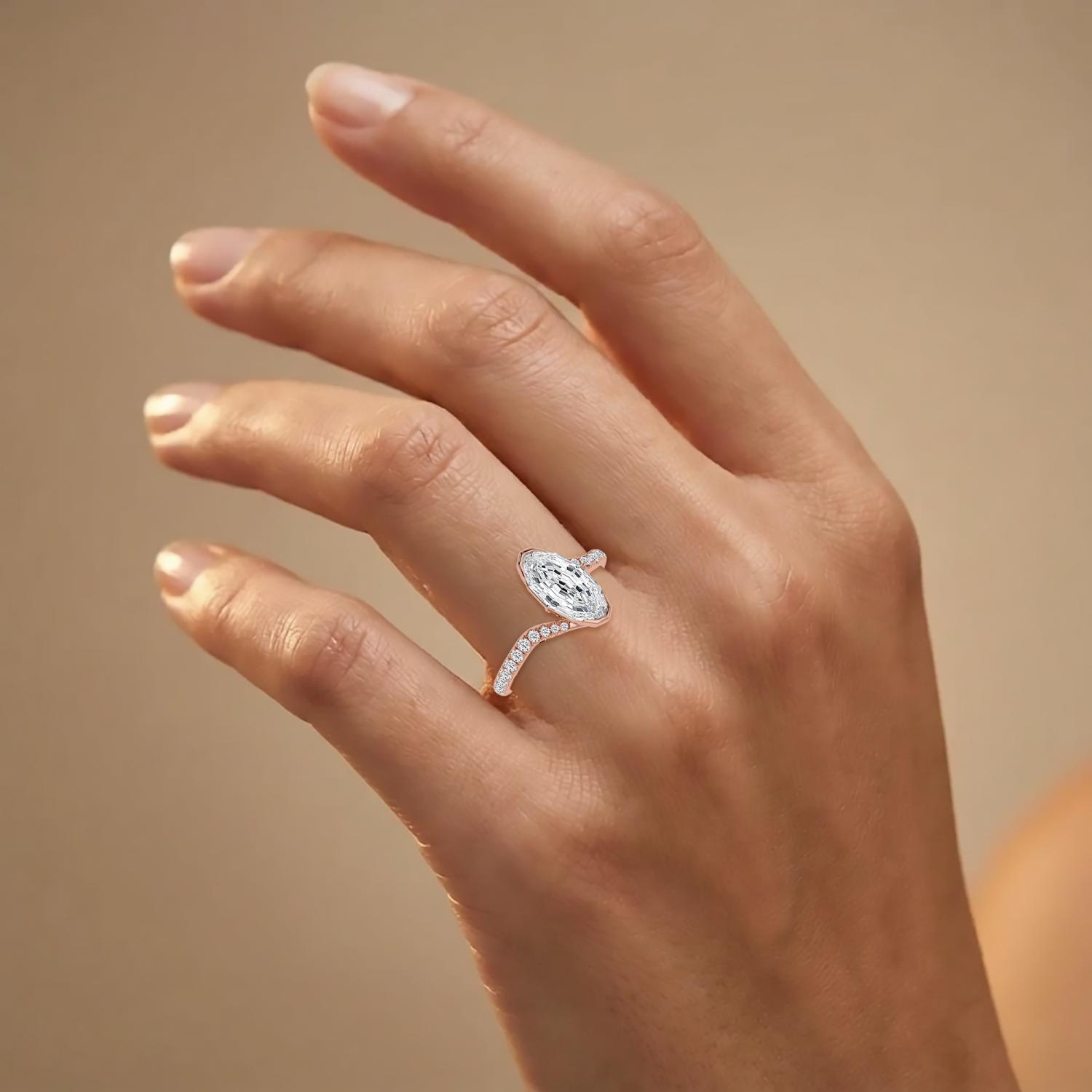 Quay, Four Prong Step-cut oval Solitaire, Pavé Band, Bypass in Rose Gold, oval, plain background, alternate view