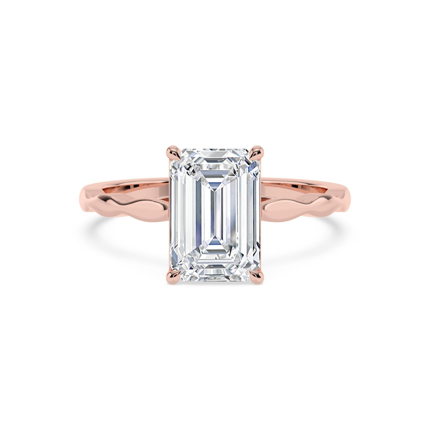 Reed, Four Prong Emerald Solitaire, Rippled Band in Rose Gold, emerald, plain background