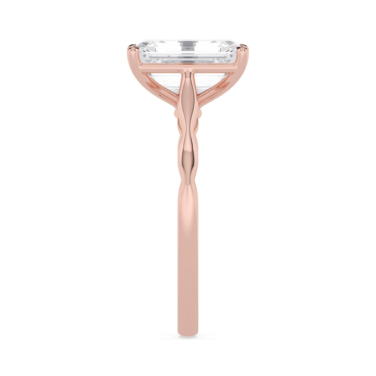 Reed, Four Prong Emerald Solitaire, Rippled Band in Rose Gold, emerald, plain background, alternate view