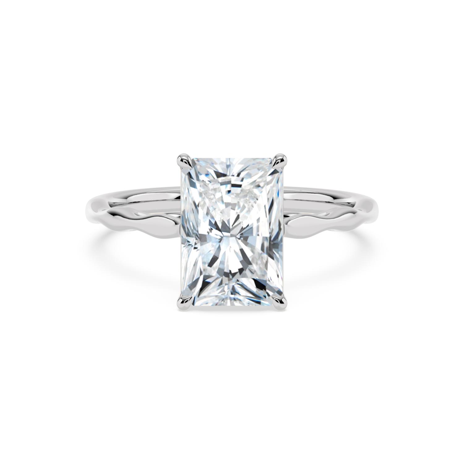 Plover, Four Prong Radiant Solitaire, Rippled Band in White Gold, radiant, plain background