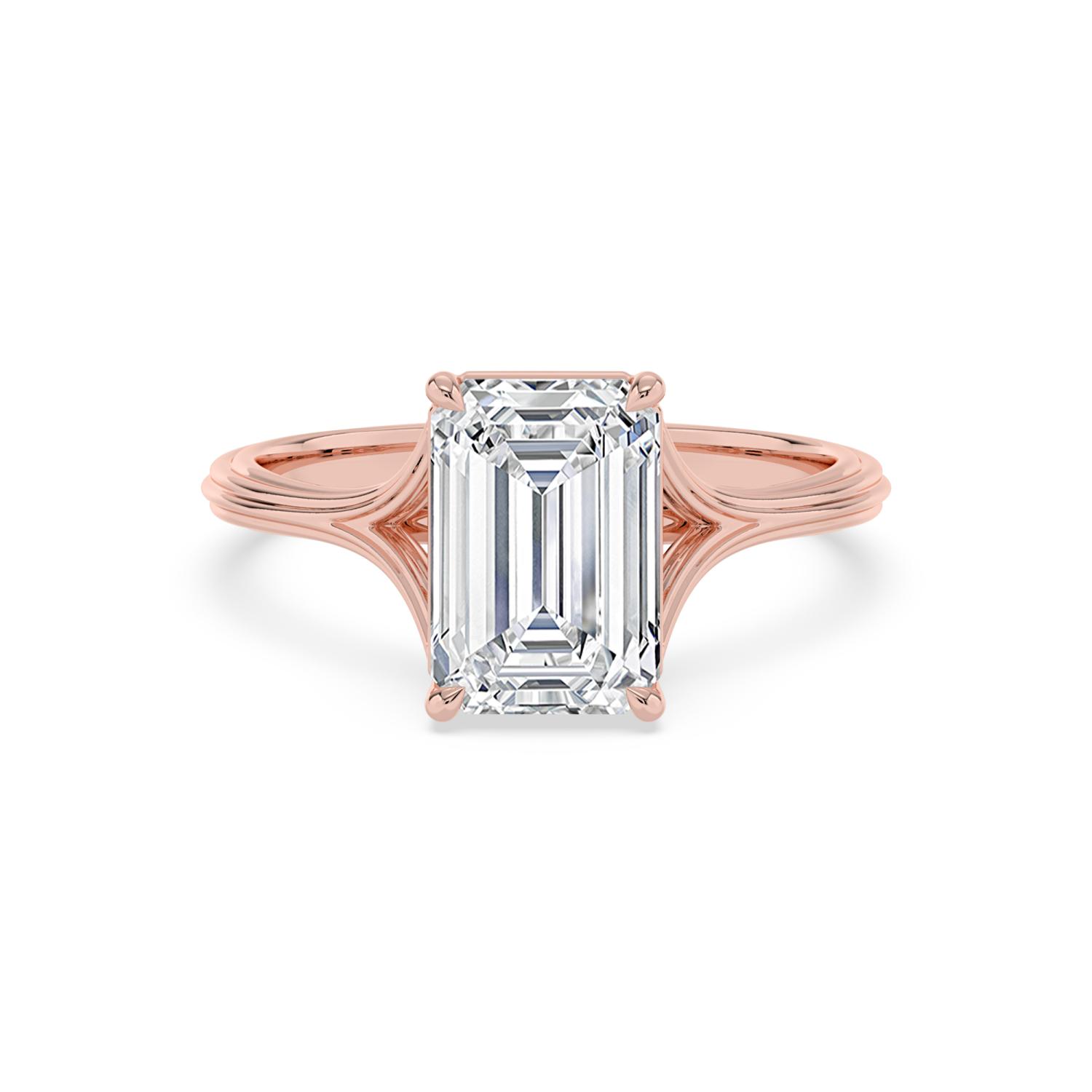 Hazel, Four Prong Emerald Solitaire, Split Shank in Rose Gold, emerald, plain background