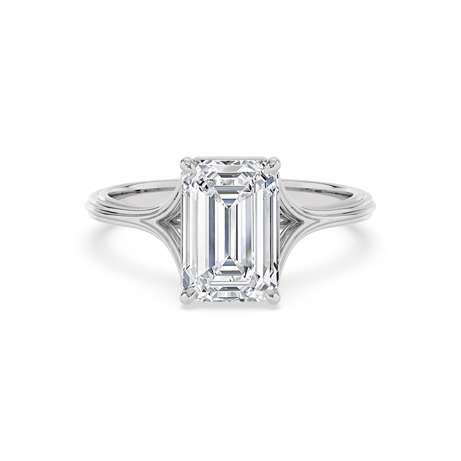 Hazel, Four Prong Emerald Solitaire, Split Shank, Grooved Band in White Gold, emerald, plain background