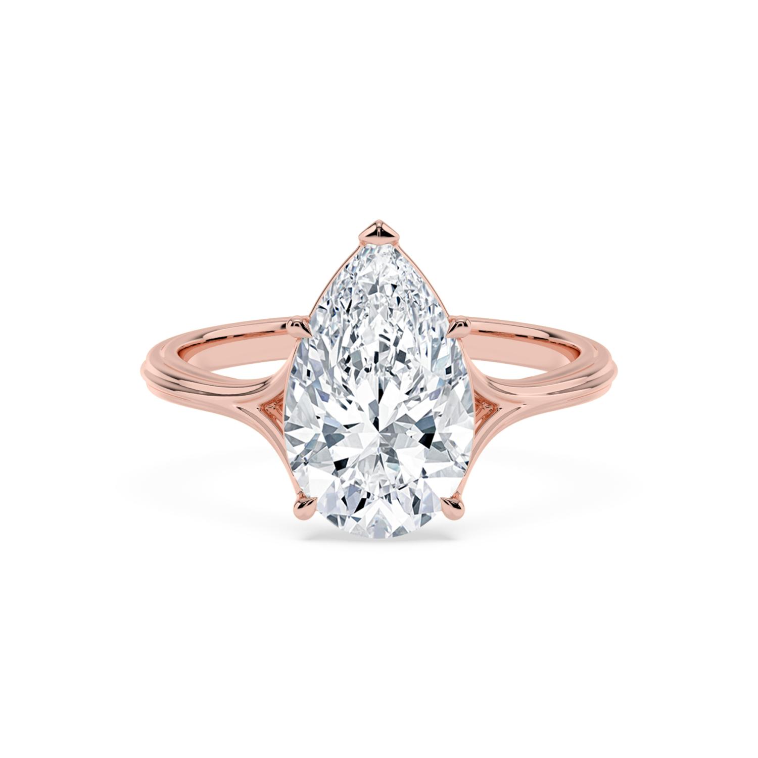 Rowan, Five Prong Pear Solitaire, Split Shank in Rose Gold, pear, plain background