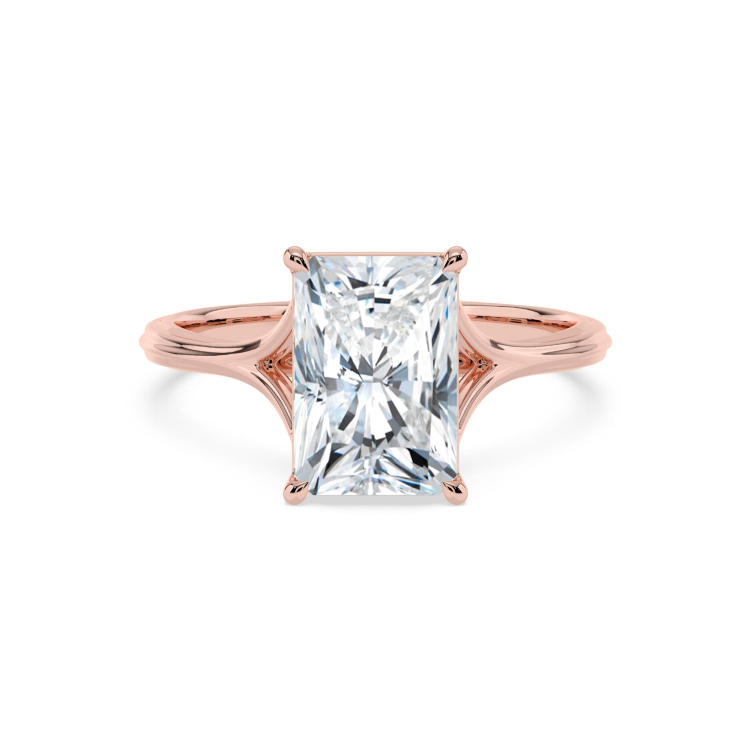 Rush, Four Prong Radiant Solitaire, Split Shank in Rose Gold, radiant, plain background