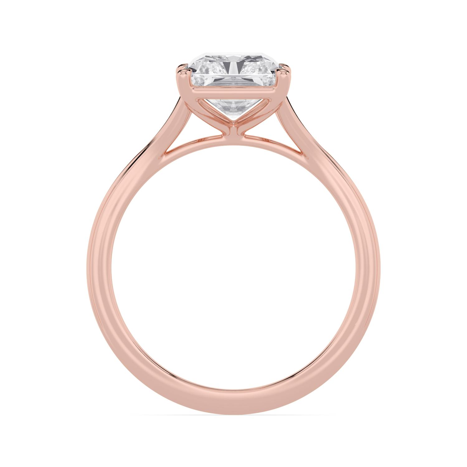 Rush, Four Prong Radiant Solitaire, Split Shank in Rose Gold, radiant, plain background, alternate view