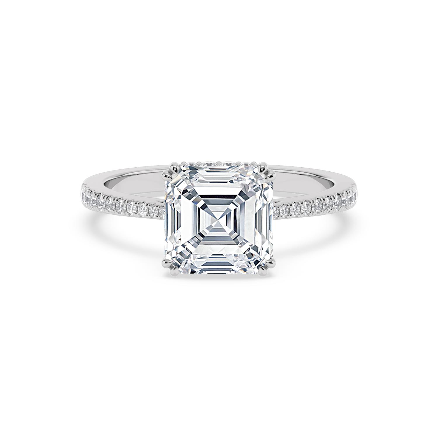 Yarrow, Four Prong Asscher Solitaire, Pavé Band, Hidden Halo in White Gold, asscher, plain background