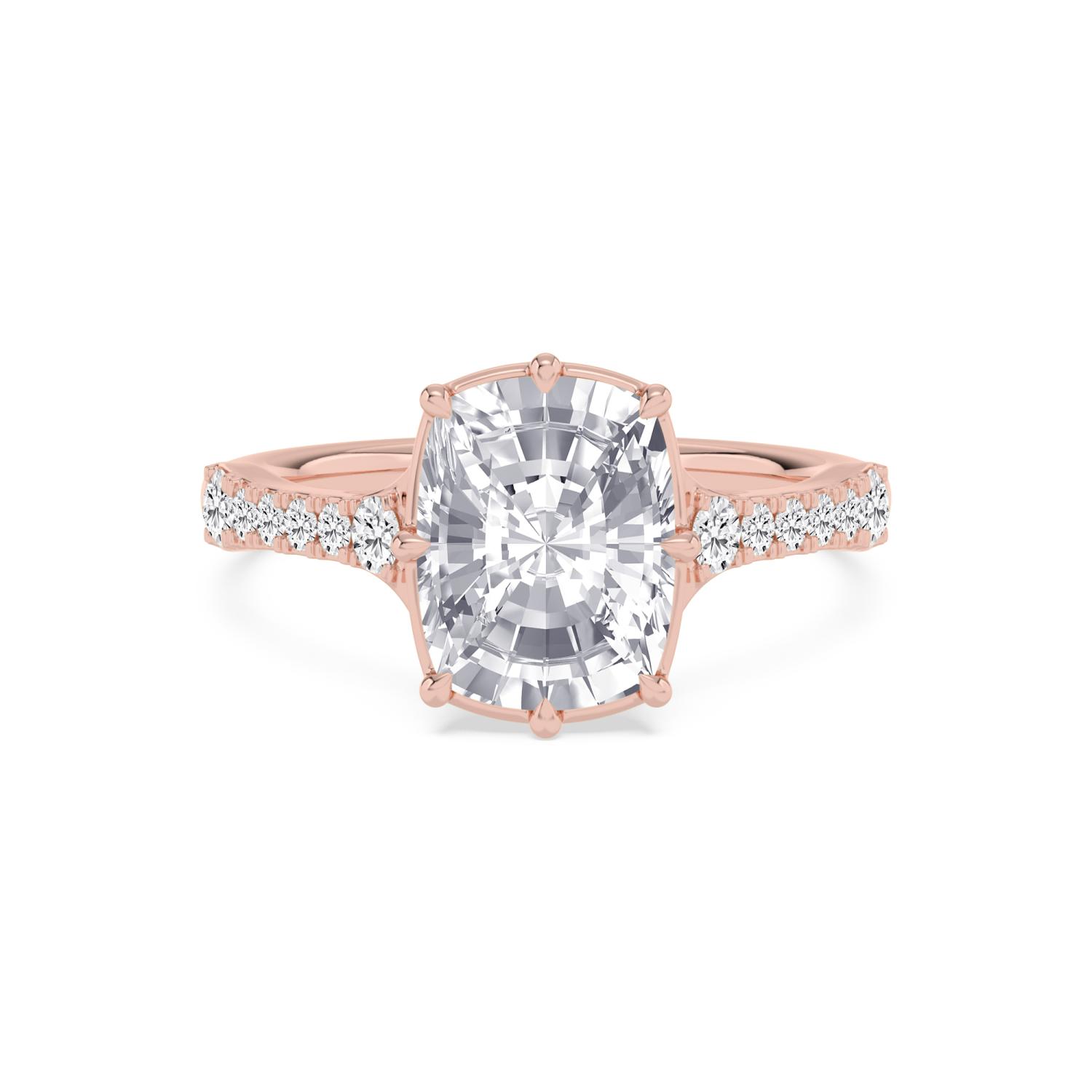 Zephyr, Four Prong Cushion Solitaire, Pavé Band in Rose Gold, cushion, plain background