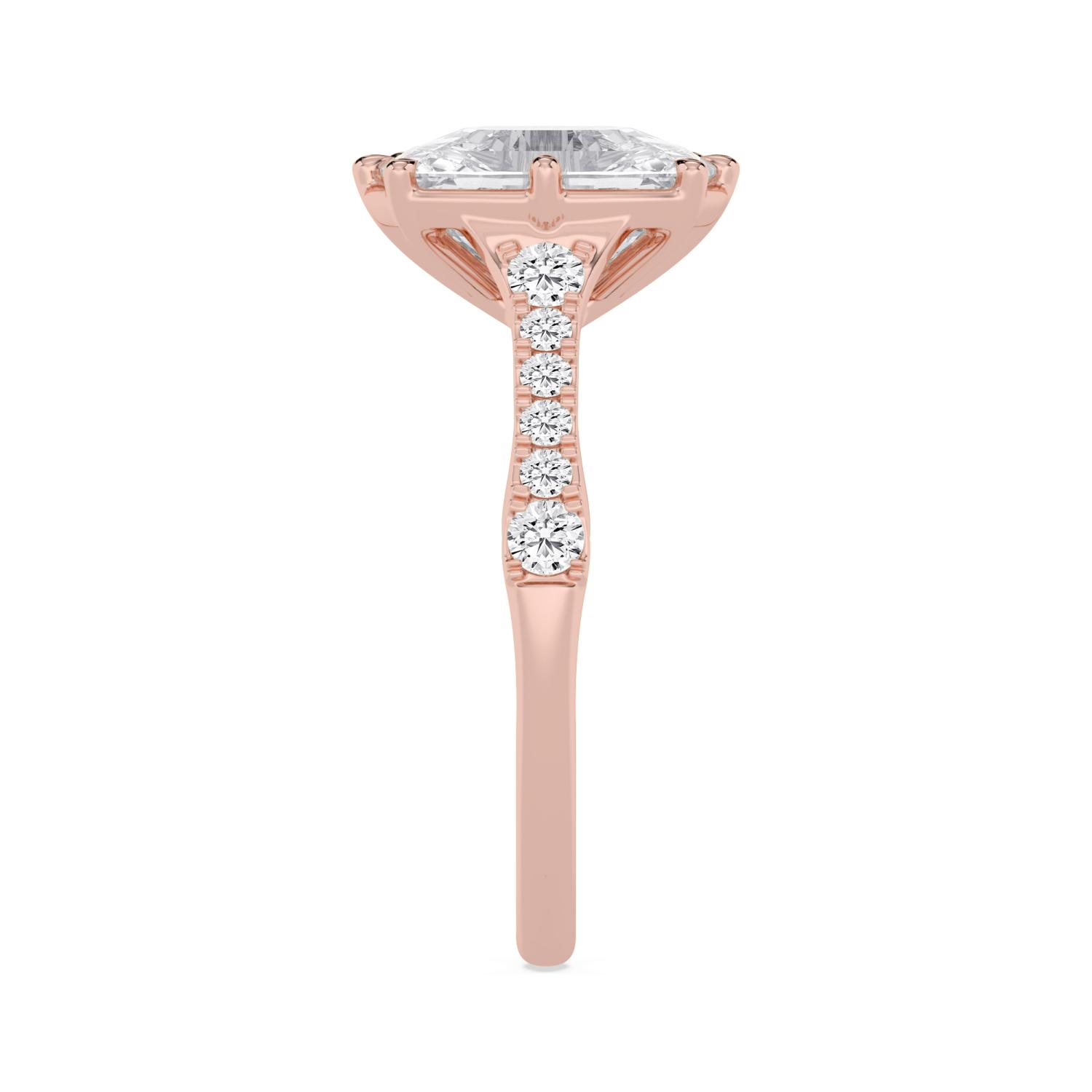 Zephyr, Four Prong Cushion Solitaire, Pavé Band in Rose Gold, cushion, plain background, alternate view