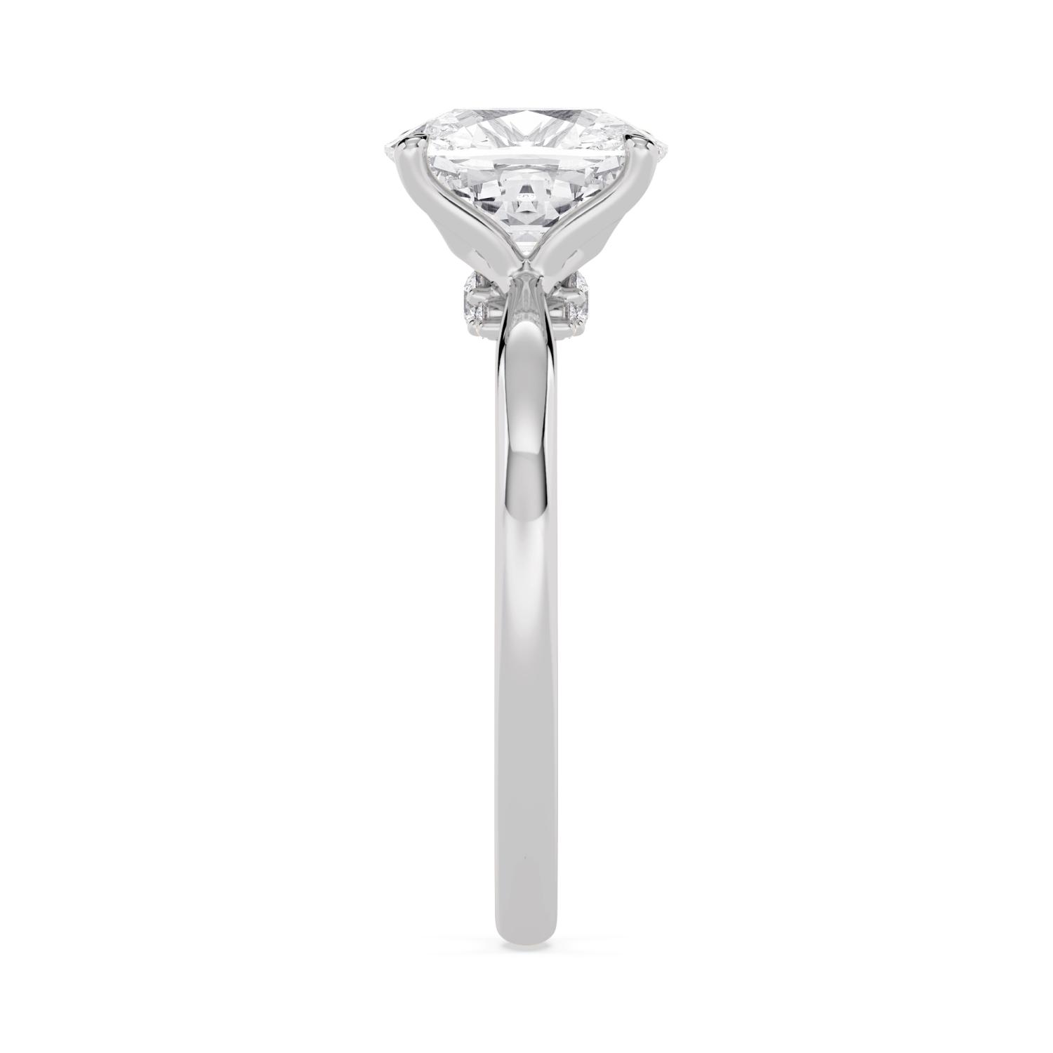 Birch, Four Prong Cushion Solitaire, Pinched Band, Peek-a-Boo Side Accents in White Gold, cushion, plain background, alternate view