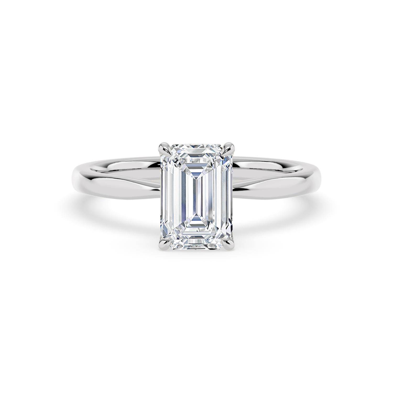 Sedge, Four Prong Emerald Solitaire, Pinched Band, Peek-a-Boo Side Accents in White Gold, emerald, plain background