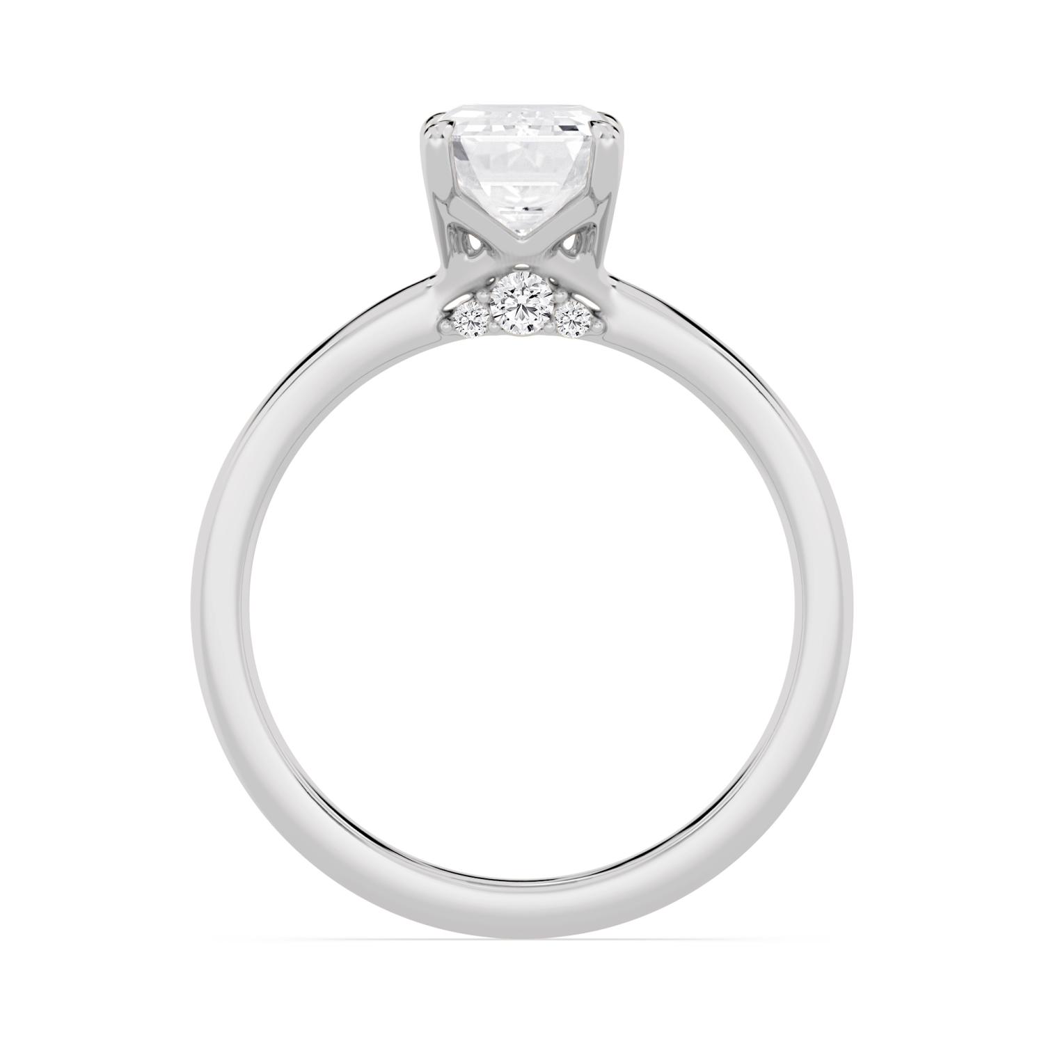 Sedge, Four Prong Emerald Solitaire, Pinched Band, Peek-a-Boo Side Accents in White Gold, emerald, plain background, alternate view