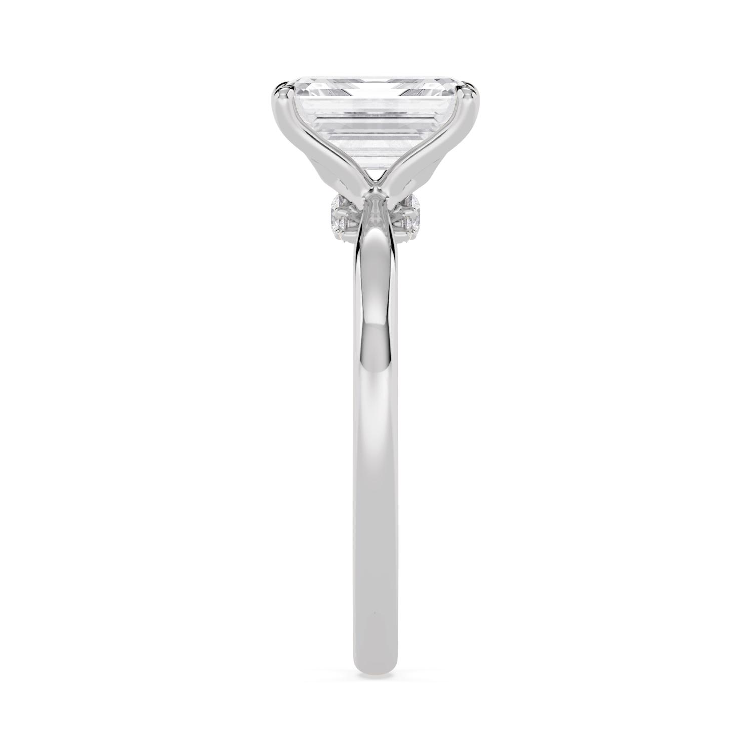 Sedge, Four Prong Emerald Solitaire, Pinched Band, Peek-a-Boo Side Accents in White Gold, emerald, plain background, alternate view