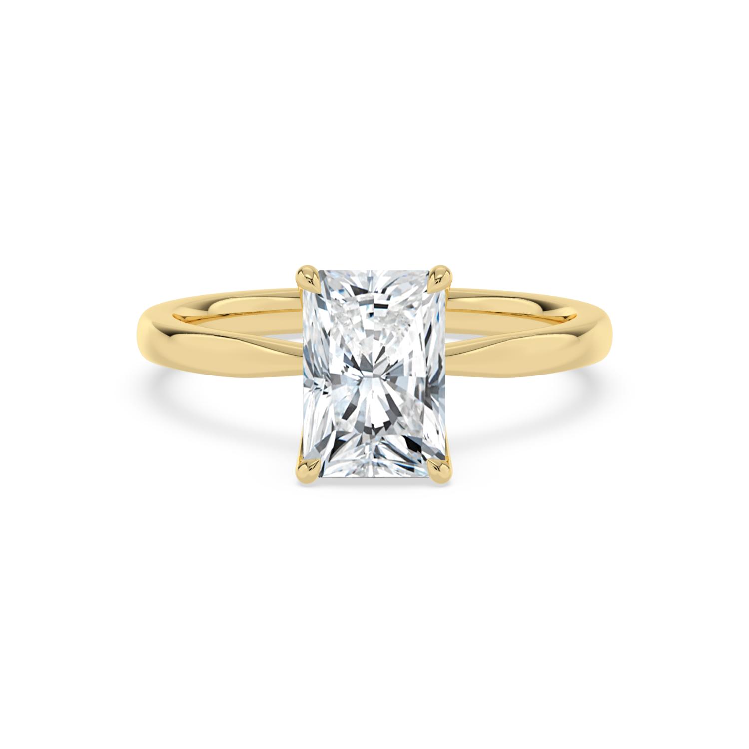 Sorrel, Four Prong Radiant Solitaire, Pinched Band, Peek-a-Boo Side Accents in Yellow Gold, radiant, plain background