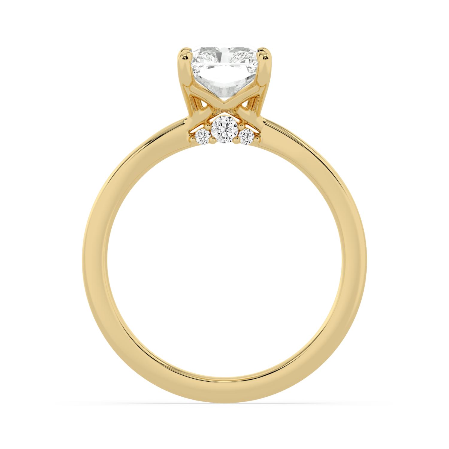Sorrel, Four Prong Radiant Solitaire, Pinched Band, Peek-a-Boo Side Accents in Yellow Gold, radiant, plain background, alternate view
