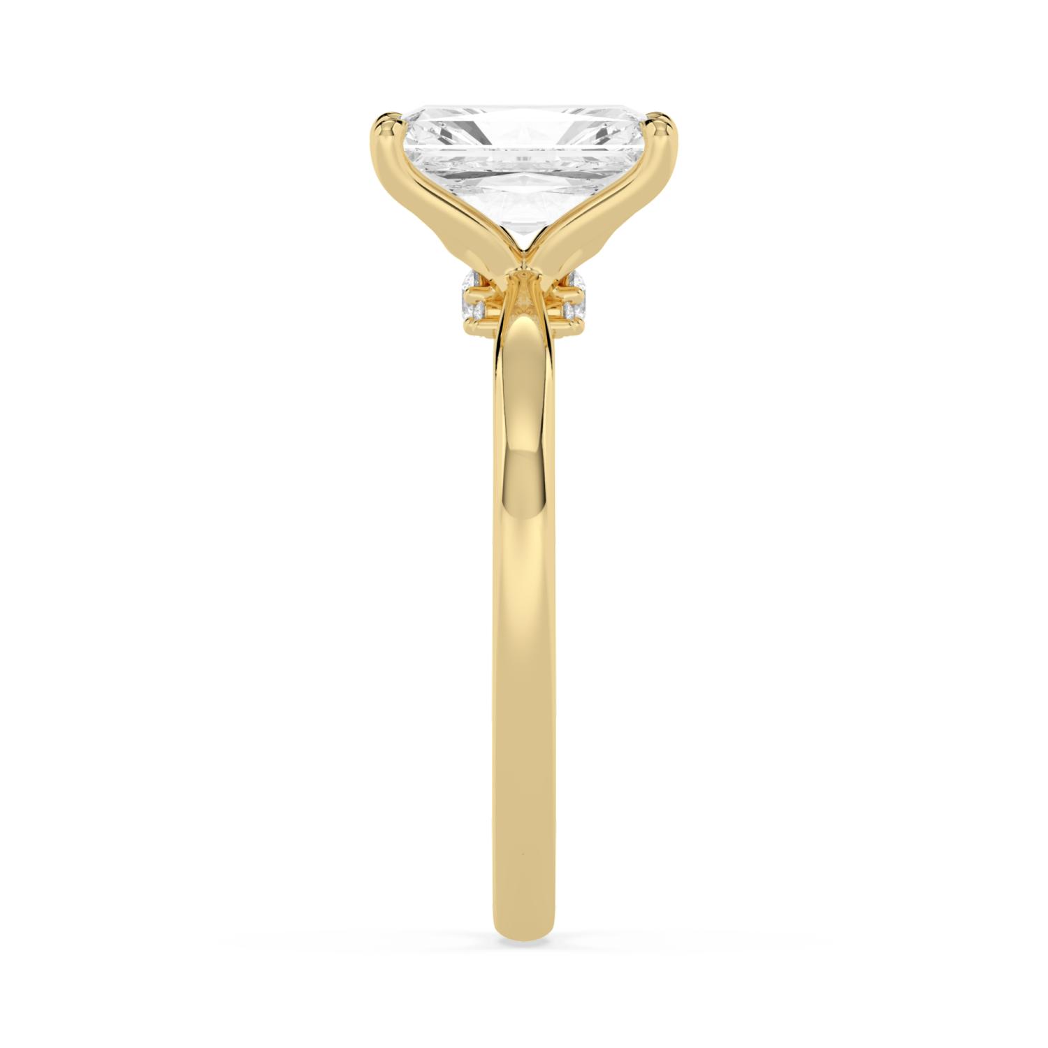 Sorrel, Four Prong Radiant Solitaire, Pinched Band, Peek-a-Boo Side Accents in Yellow Gold, radiant, plain background, alternate view