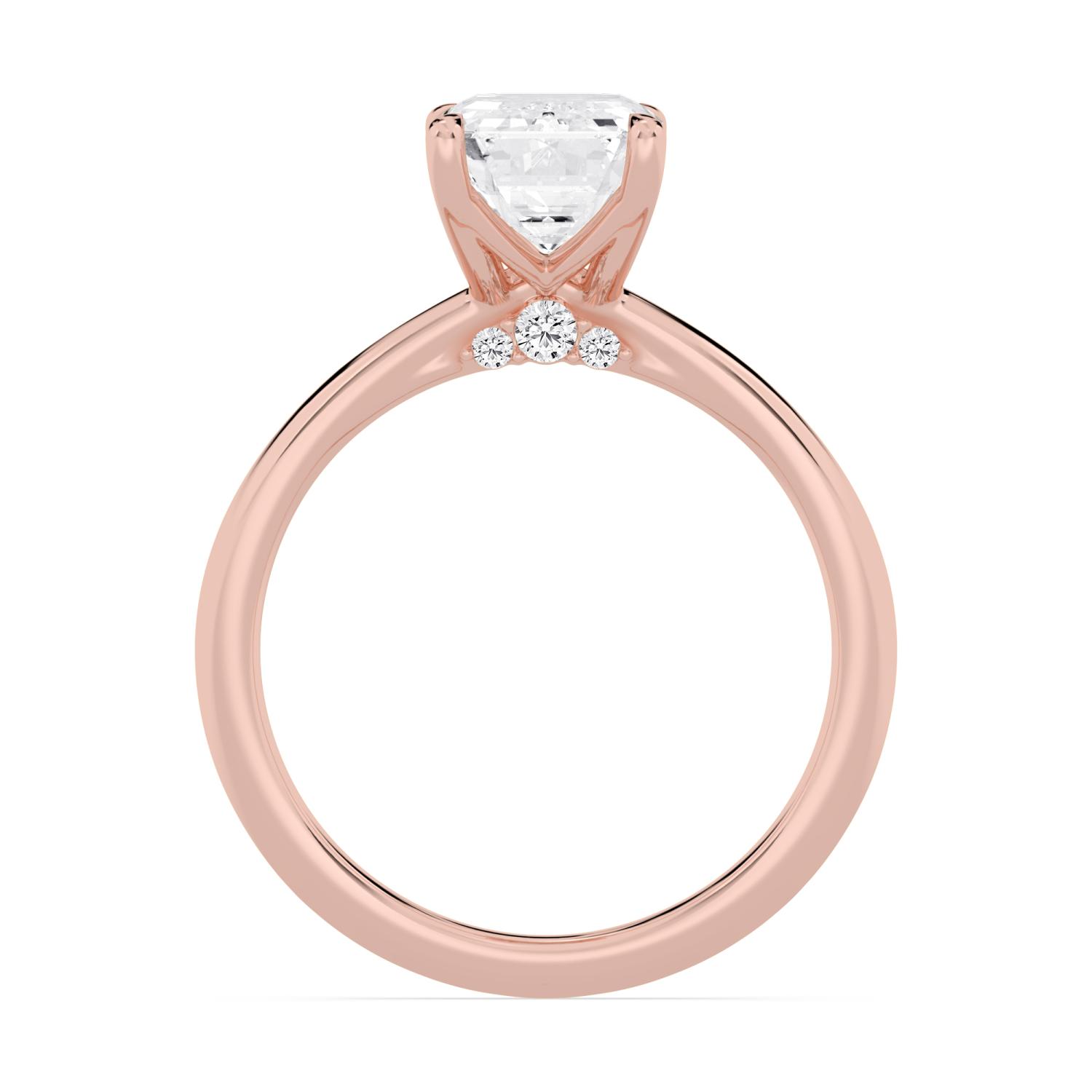 Cairn, Four Prong Emerald Solitaire, Tall Claws, Peek-a-Boo Side Accents in Rose Gold, emerald, plain background, alternate view