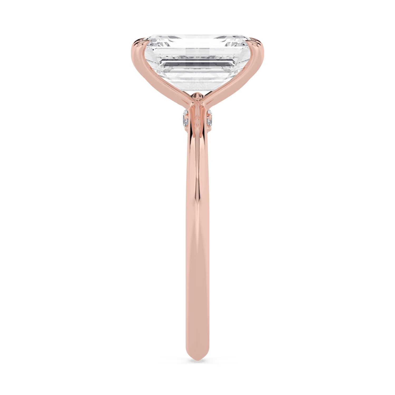 Cairn, Four Prong Emerald Solitaire, Tall Claws, Peek-a-Boo Side Accents in Rose Gold, emerald, plain background, alternate view