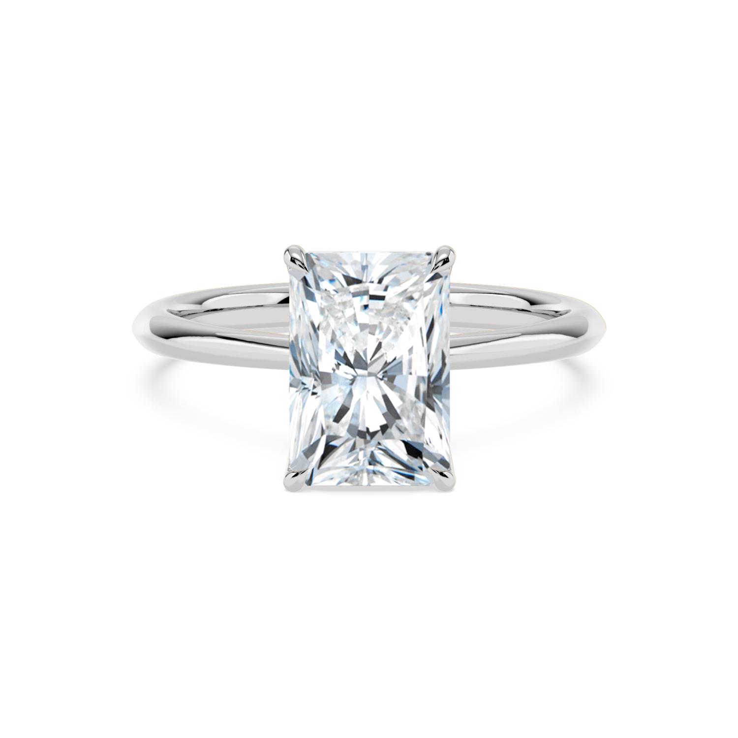 Strand, Four Prong Radiant Solitaire, Tall Claws, Peek-a-Boo Side Accents in White Gold, radiant, plain background