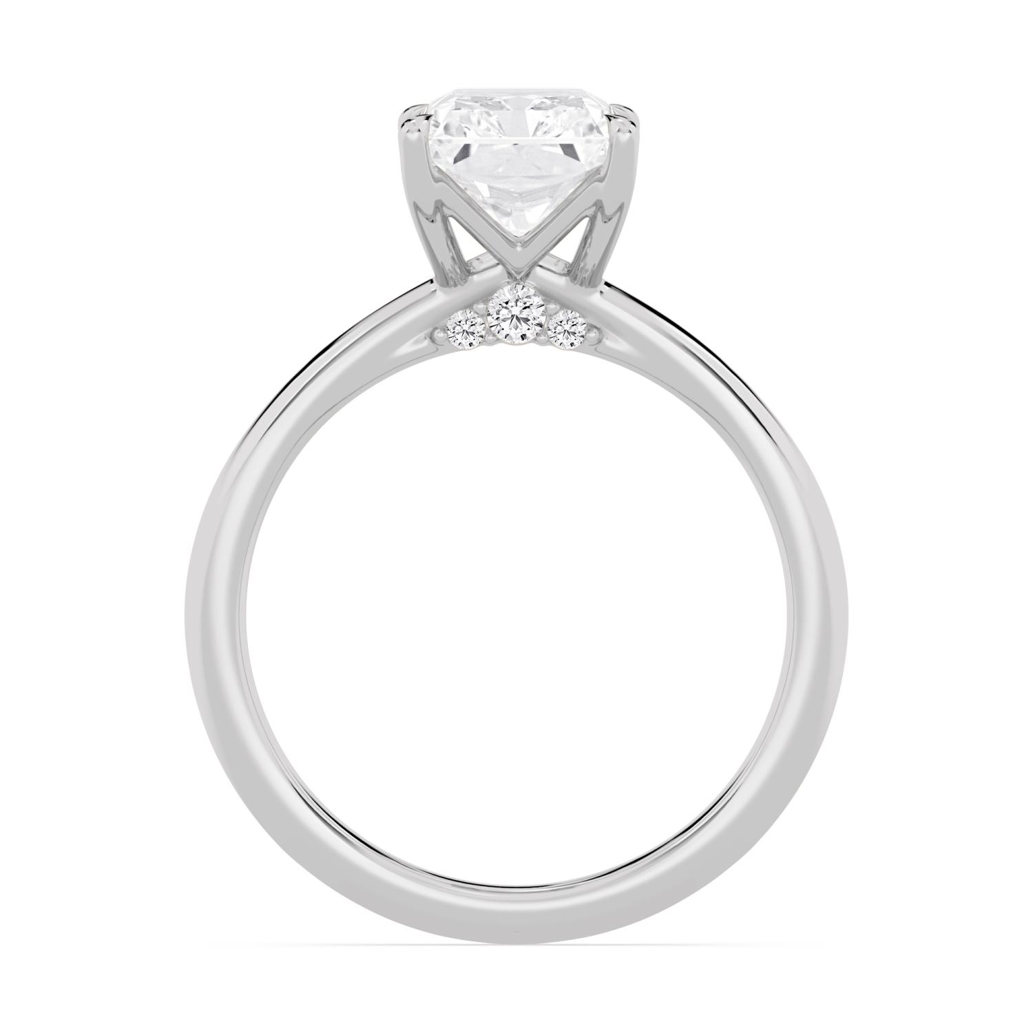Strand, Four Prong Radiant Solitaire, Tall Claws, Peek-a-Boo Side Accents in White Gold, radiant, plain background, alternate view