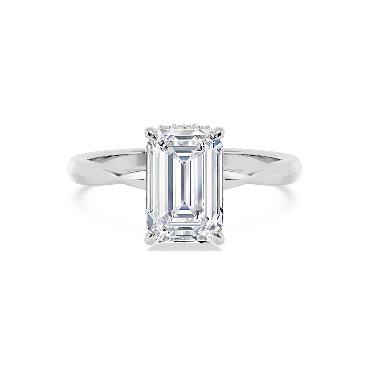 Angelie, Four Prong Emerald Solitaire, Hidden Halo in White Gold, emerald, plain background