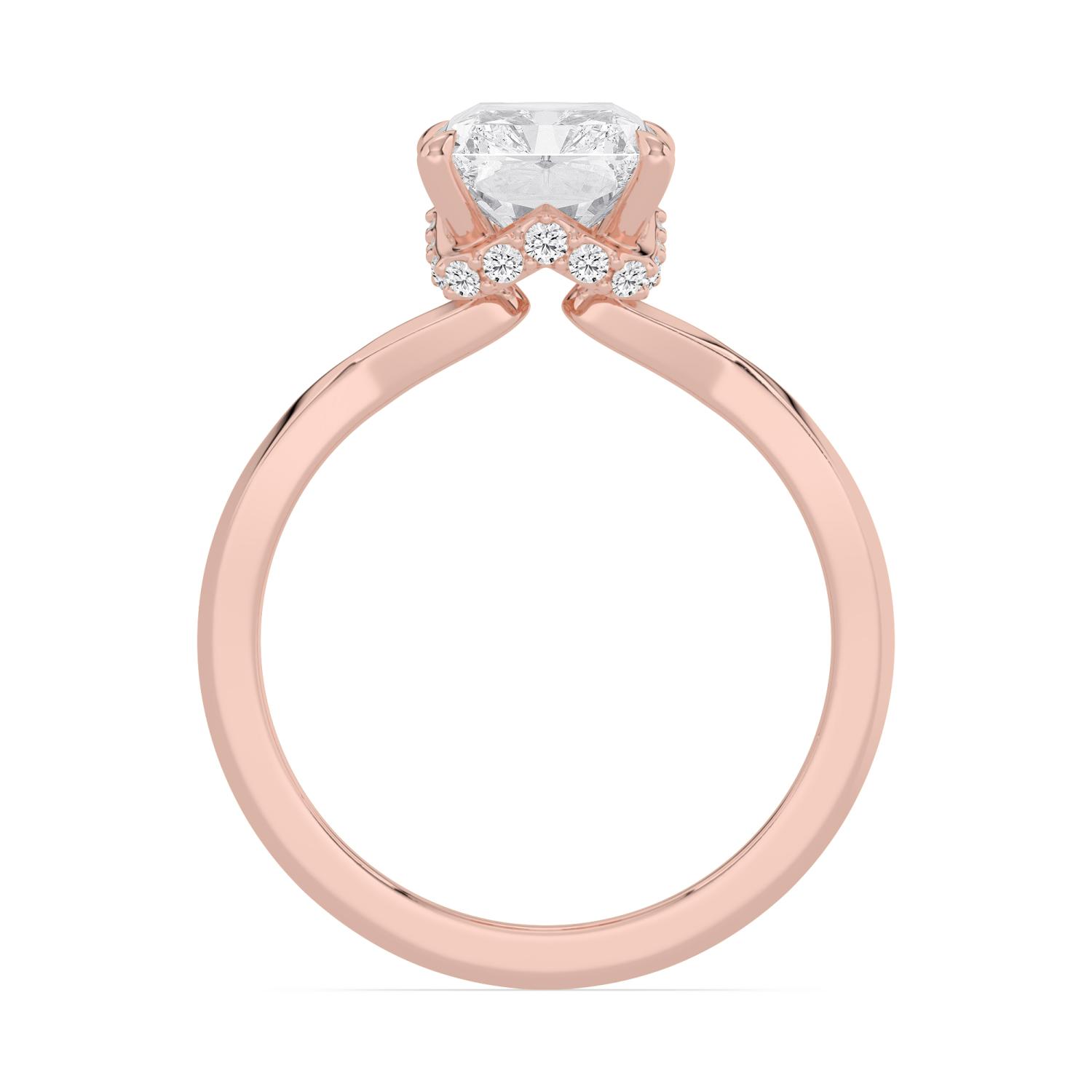 Swale, Four Prong Radiant Solitaire, Hidden Halo, Pinched Band in Rose Gold, radiant, plain background, alternate view
