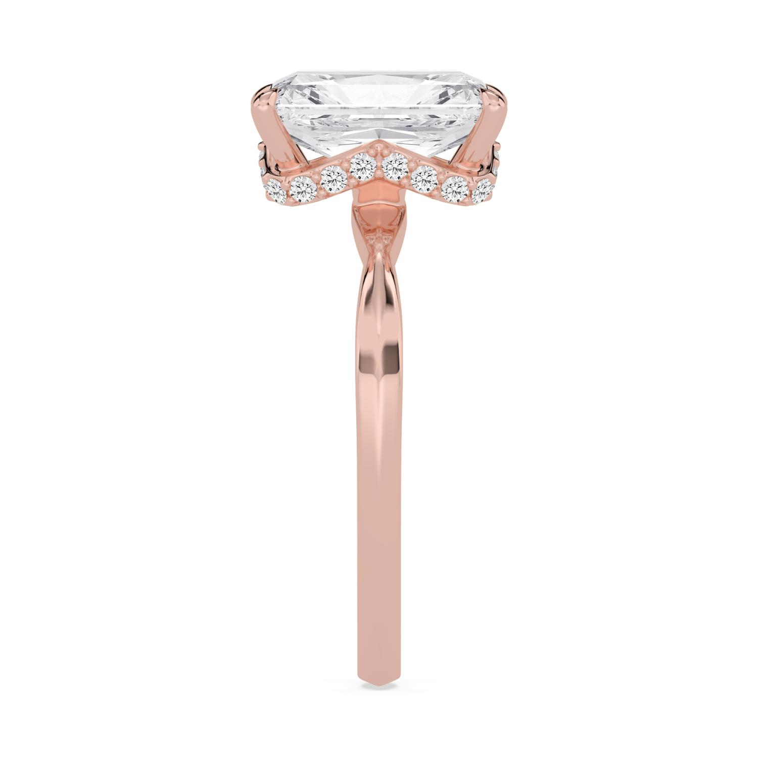 Swale, Four Prong Radiant Solitaire, Hidden Halo, Pinched Band in Rose Gold, radiant, plain background, alternate view