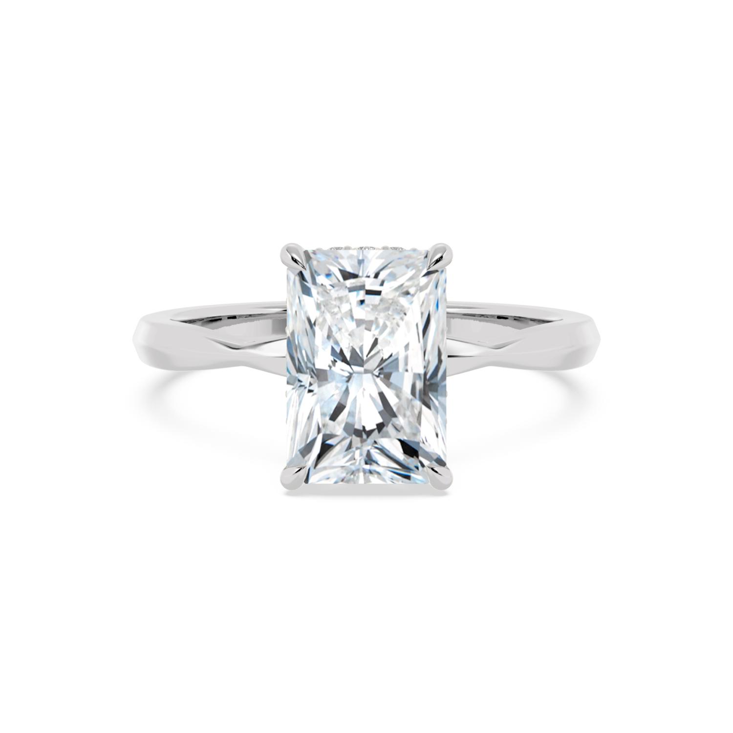 Swale, Four Prong Radiant Solitaire, Hidden Halo in White Gold, radiant, plain background