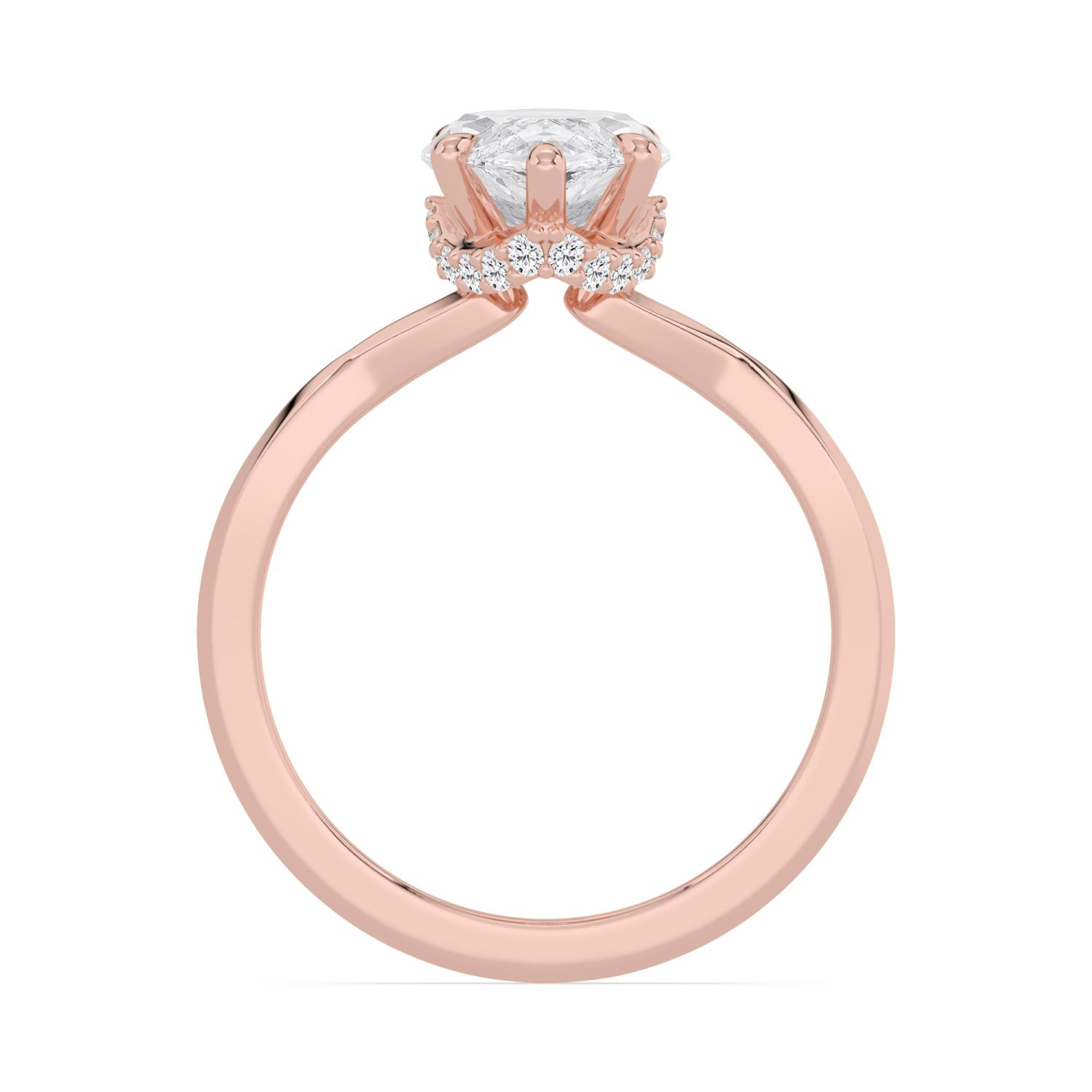 Tansy, Six Prong Marquise Solitaire, Hidden Halo, Pinched Band in Rose Gold, marquise, plain background, alternate view
