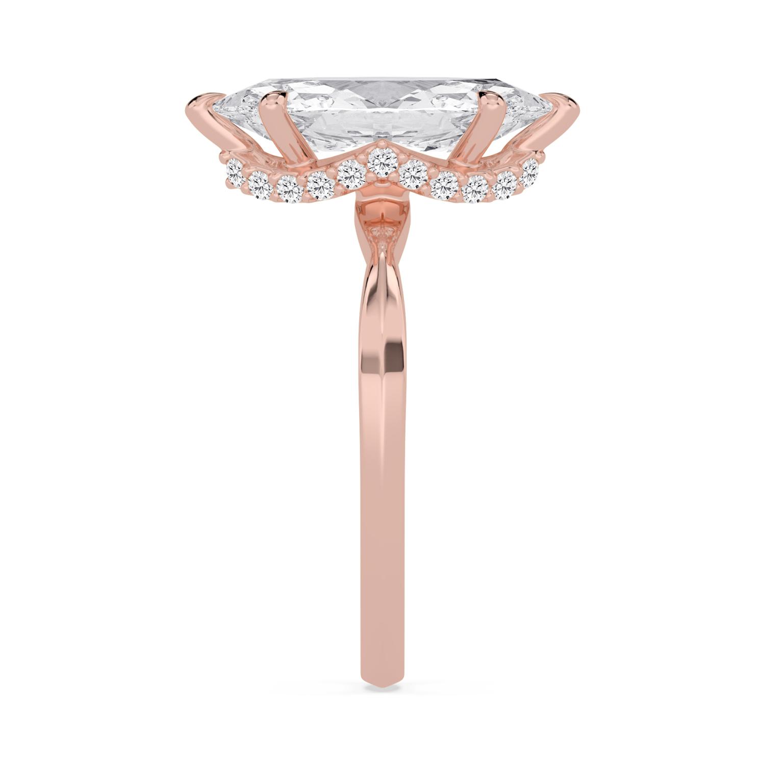 Tansy, Six Prong Marquise Solitaire, Hidden Halo, Pinched Band in Rose Gold, marquise, plain background, alternate view