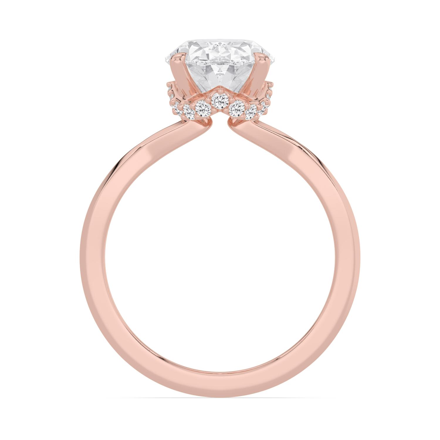 Teal, Four Prong Oval Solitaire, Hidden Halo, Pinched Band in Rose Gold, oval, plain background, alternate view