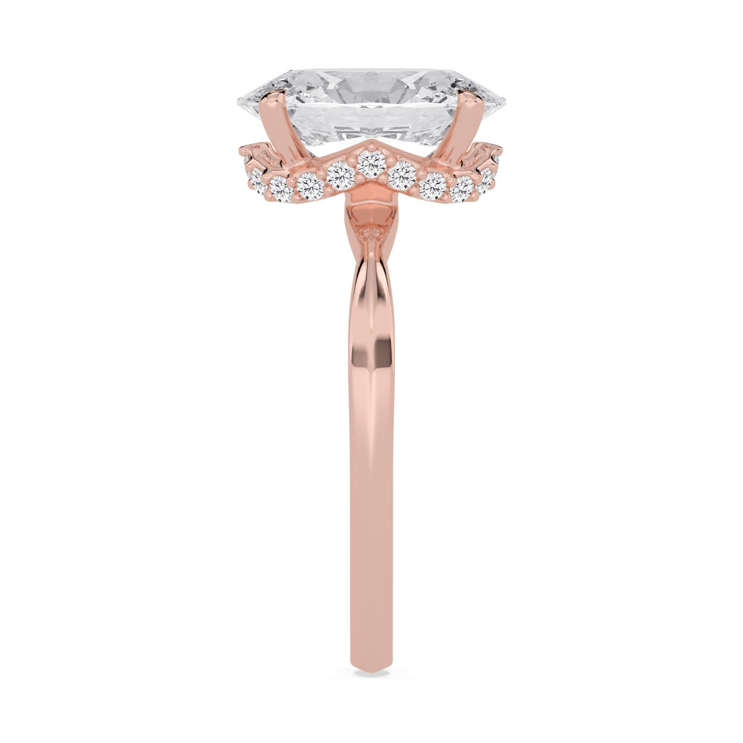 Teal, Four Prong Oval Solitaire, Hidden Halo, Pinched Band in Rose Gold, oval, plain background, alternate view
