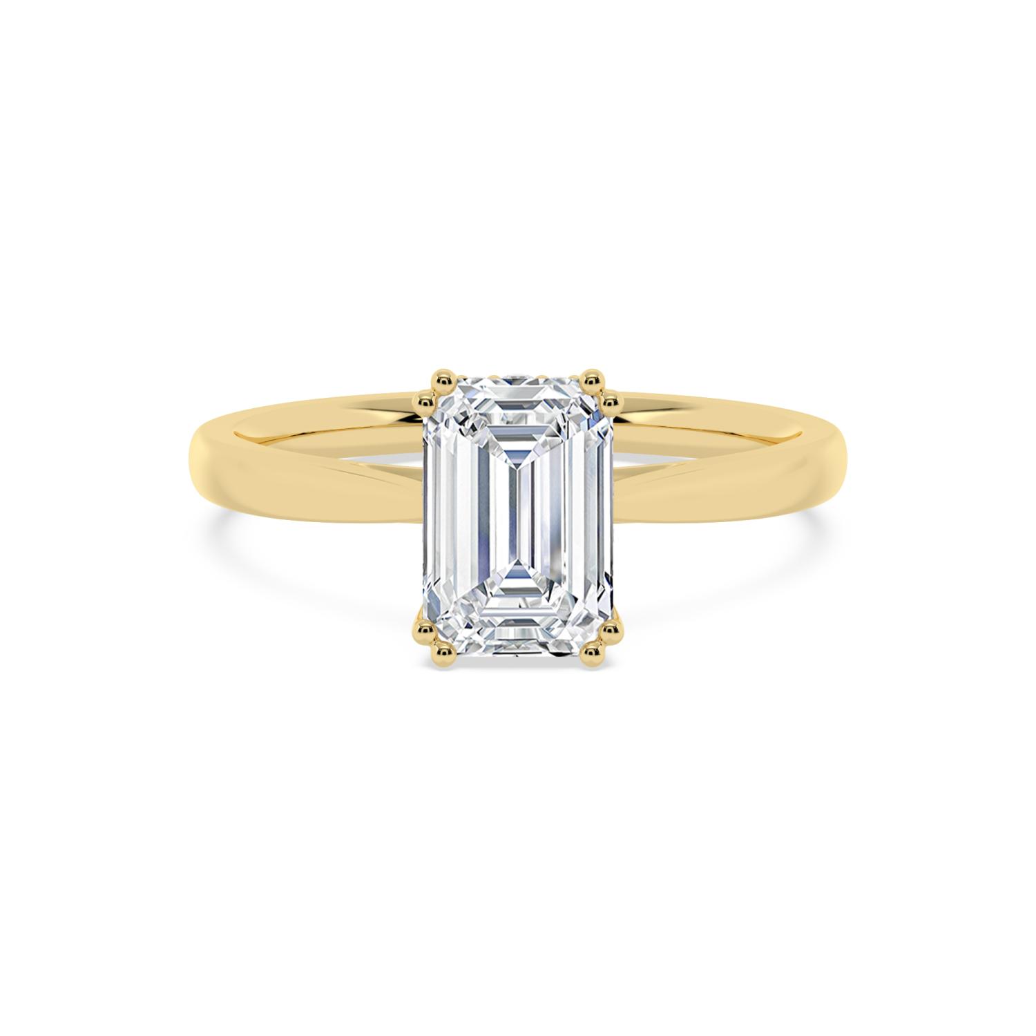 Ebb, Four Prong Emerald Solitaire, Hidden Halo in Yellow Gold, emerald, plain background