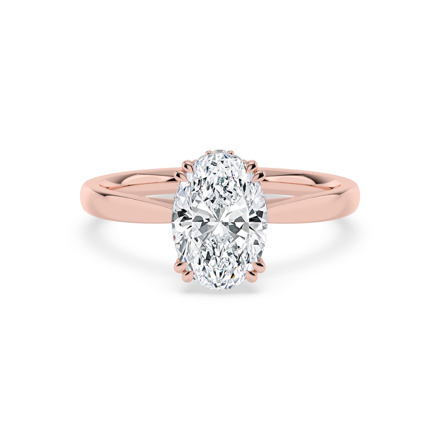 Ebb Oval, Four Prong Oval Solitaire, Hidden Halo in Rose Gold, oval, plain background