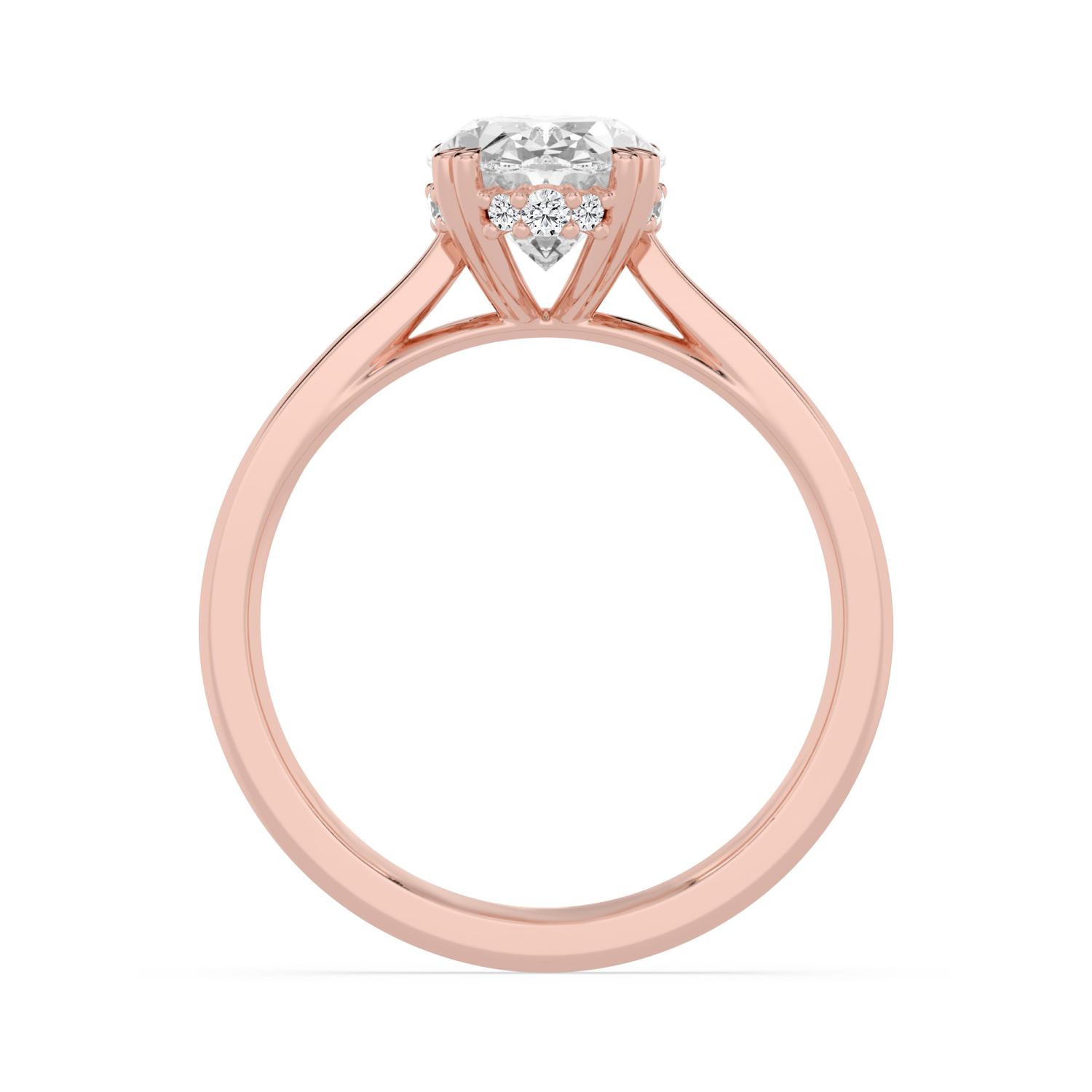 Ebb Oval, Four Prong Oval Solitaire, Hidden Halo in Rose Gold, oval, plain background, alternate view