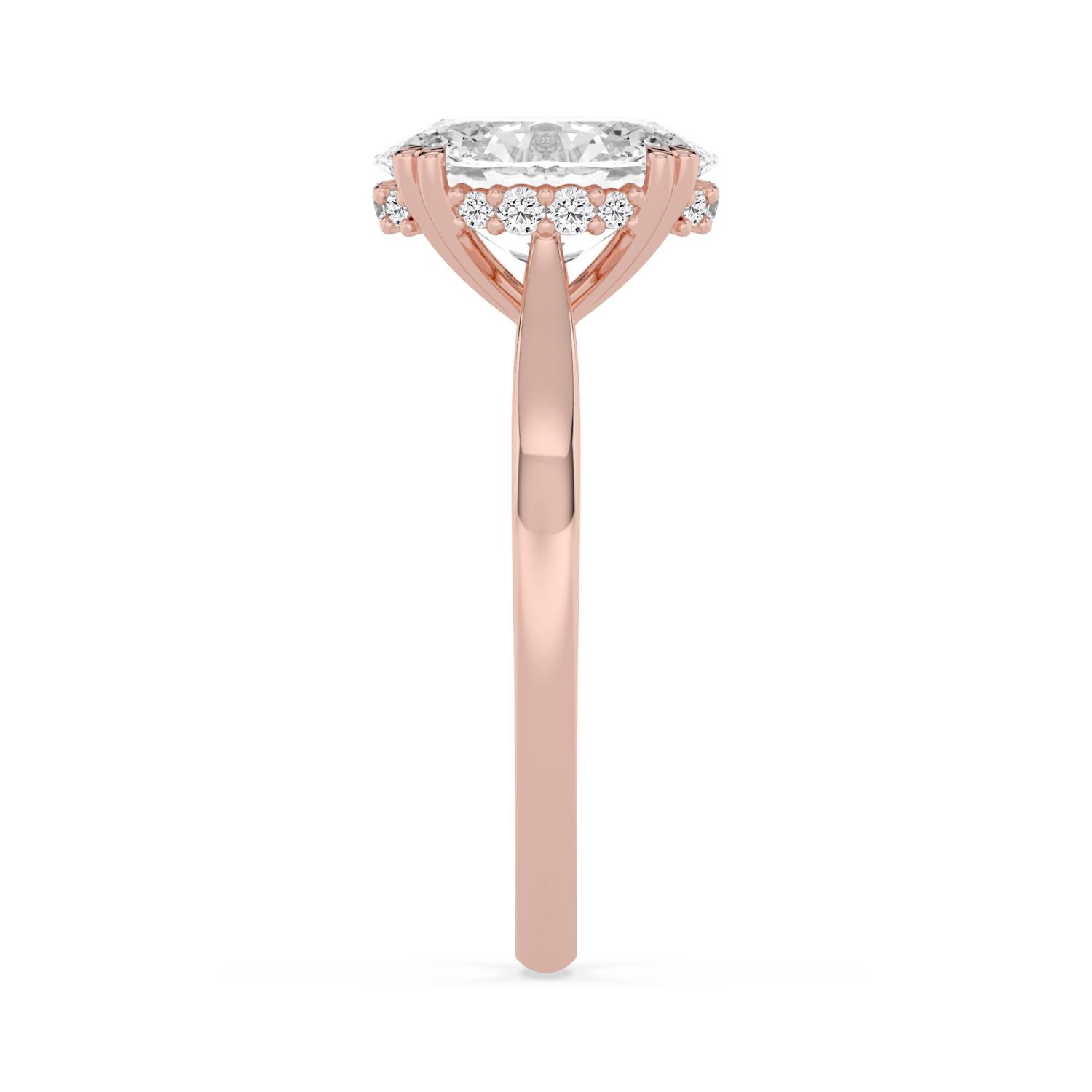 Ebb Oval, Four Prong Oval Solitaire, Hidden Halo in Rose Gold, oval, plain background, alternate view
