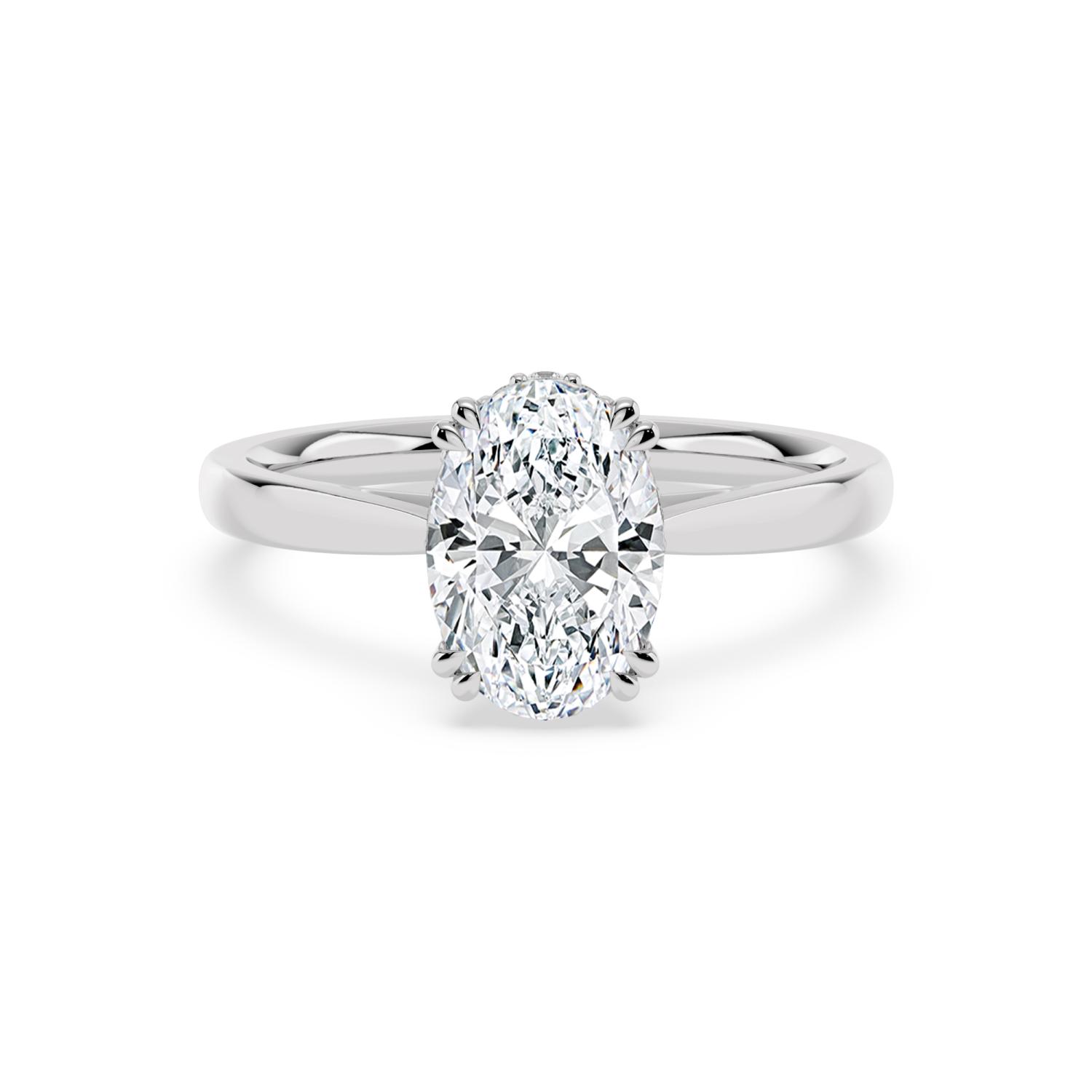 Lull, Four Prong Oval Solitaire, Hidden Halo, Tapered Band in White Gold, oval, plain background