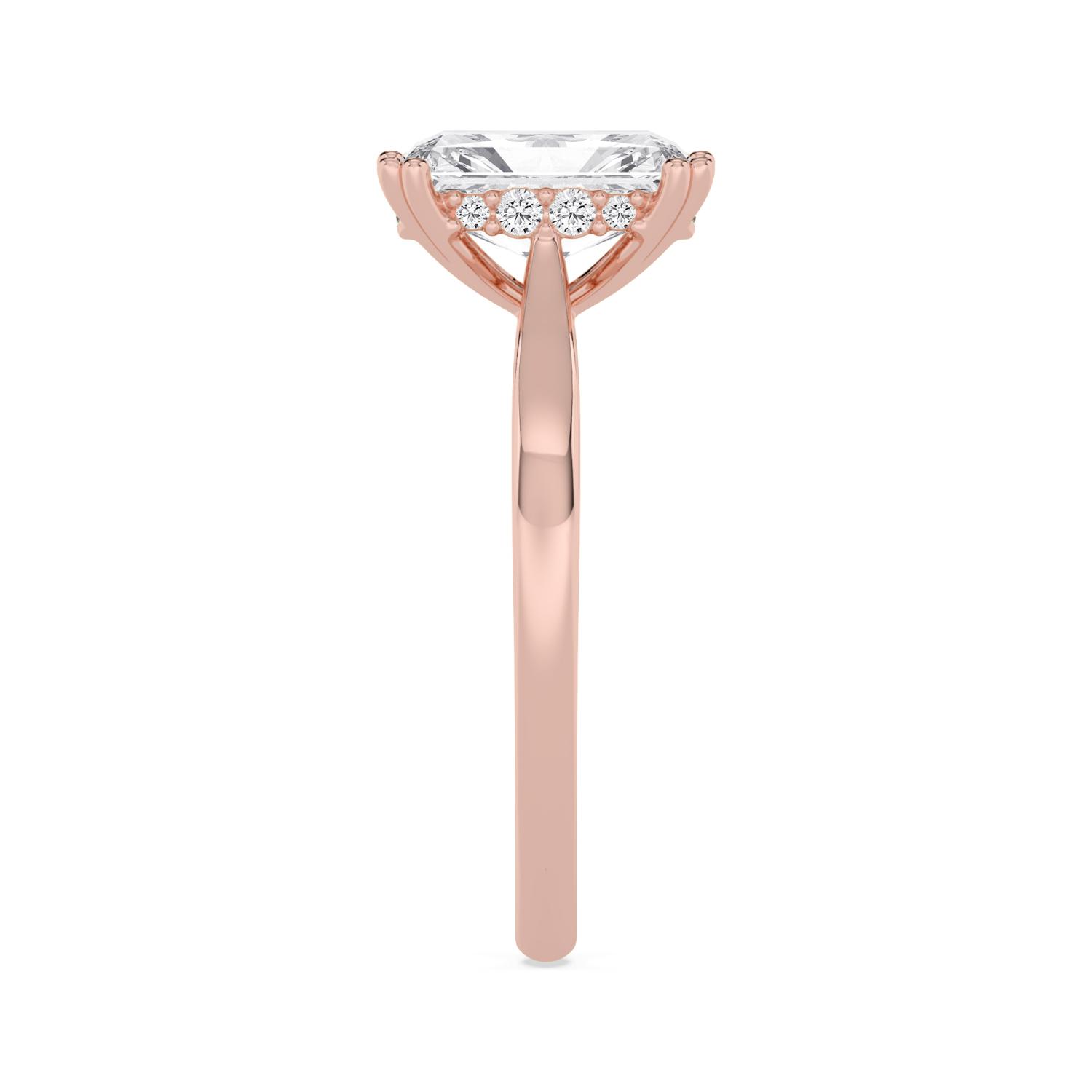 Ebb Radiant, Four Prong Radiant Solitaire, Hidden Halo in Rose Gold, radiant, plain background, alternate view