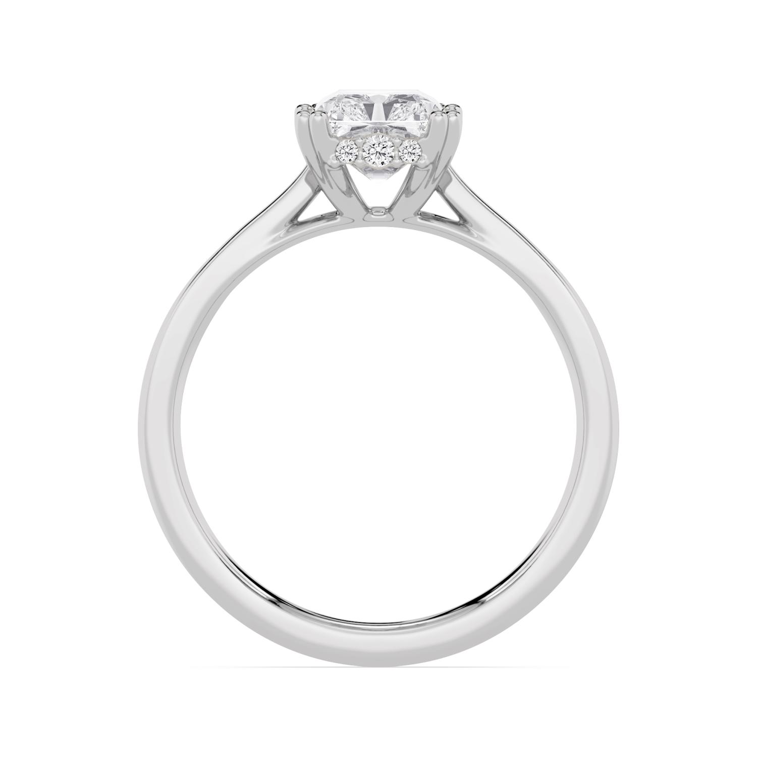 Tor, Four Prong Radiant Solitaire, Hidden Halo, Tapered Band in White Gold, radiant, plain background, alternate view