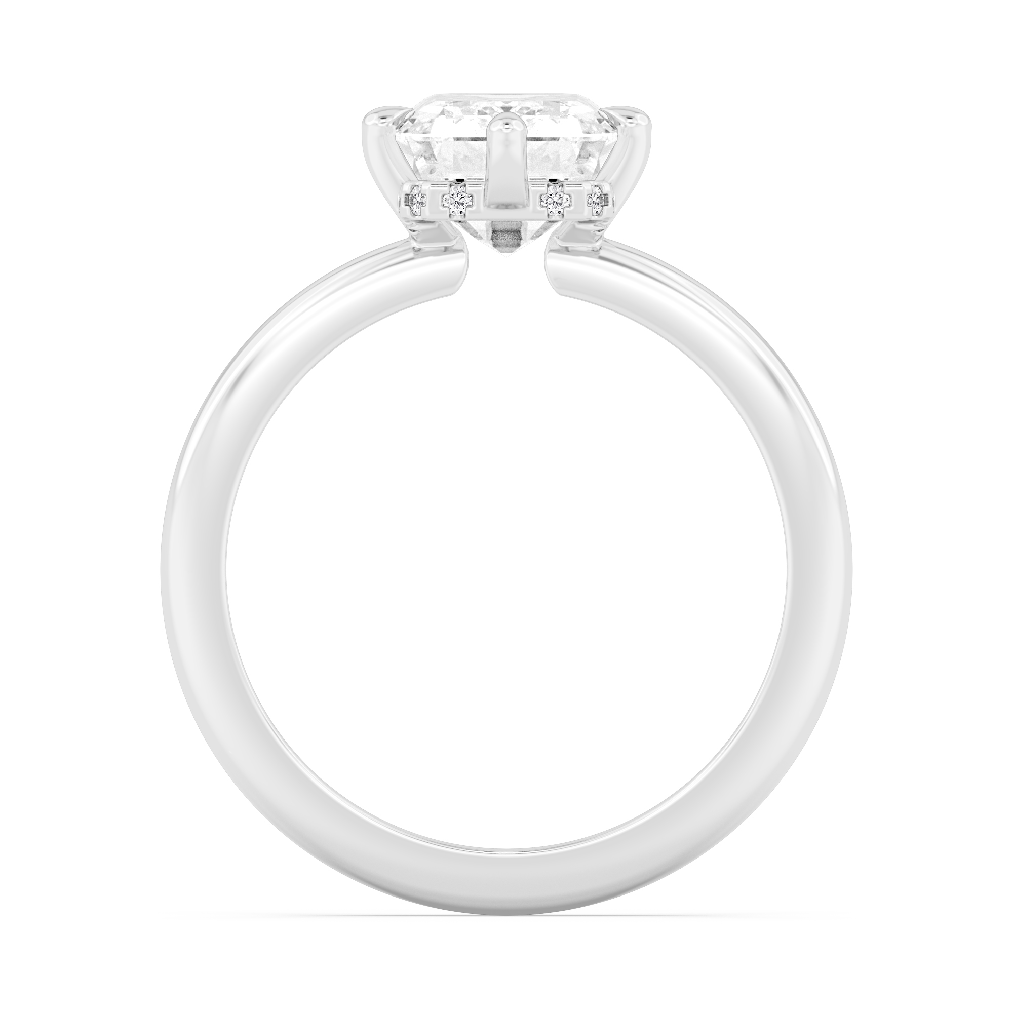 Frost, Four Prong Emerald Solitaire, Hidden Halo, Fine Wire Band in White Gold, emerald, plain background, alternate view