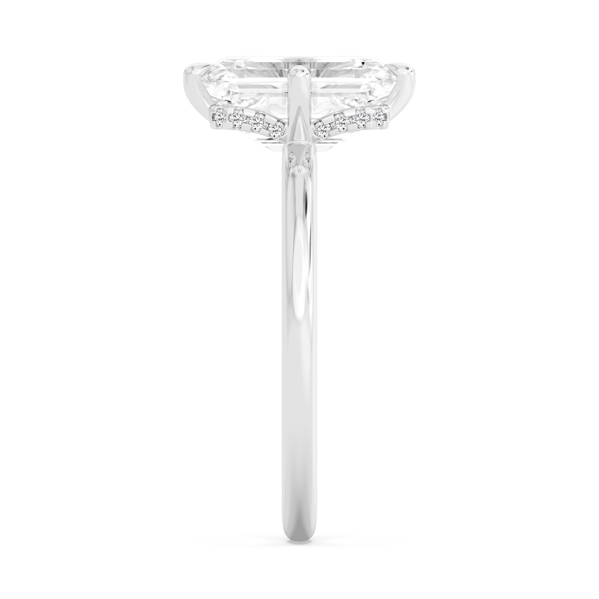 Frost, Four Prong Emerald Solitaire, Hidden Halo, Fine Wire Band in White Gold, emerald, plain background, alternate view