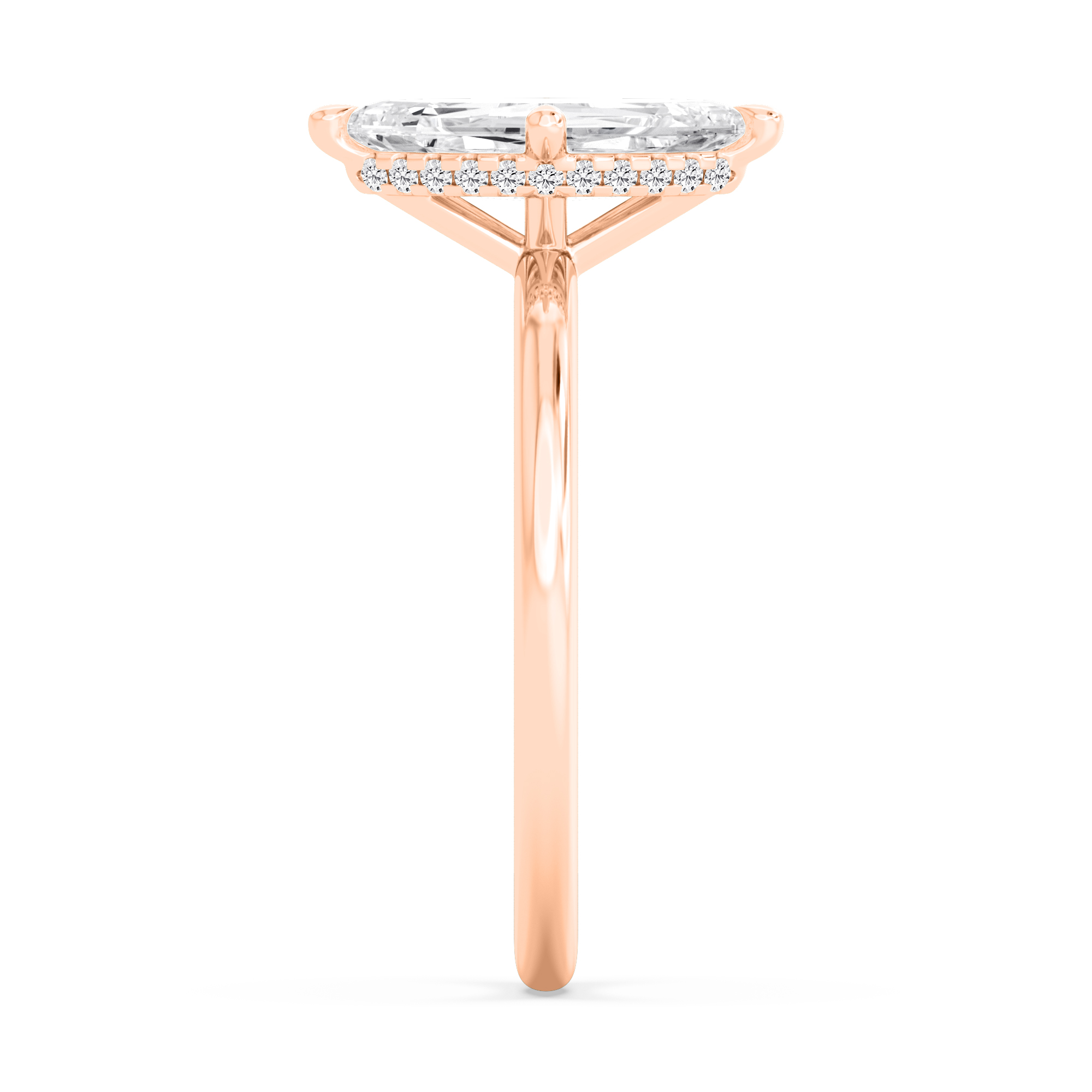 Rime, Four Prong Marquise Solitaire, Hidden Halo in Rose Gold, marquise, plain background, alternate view