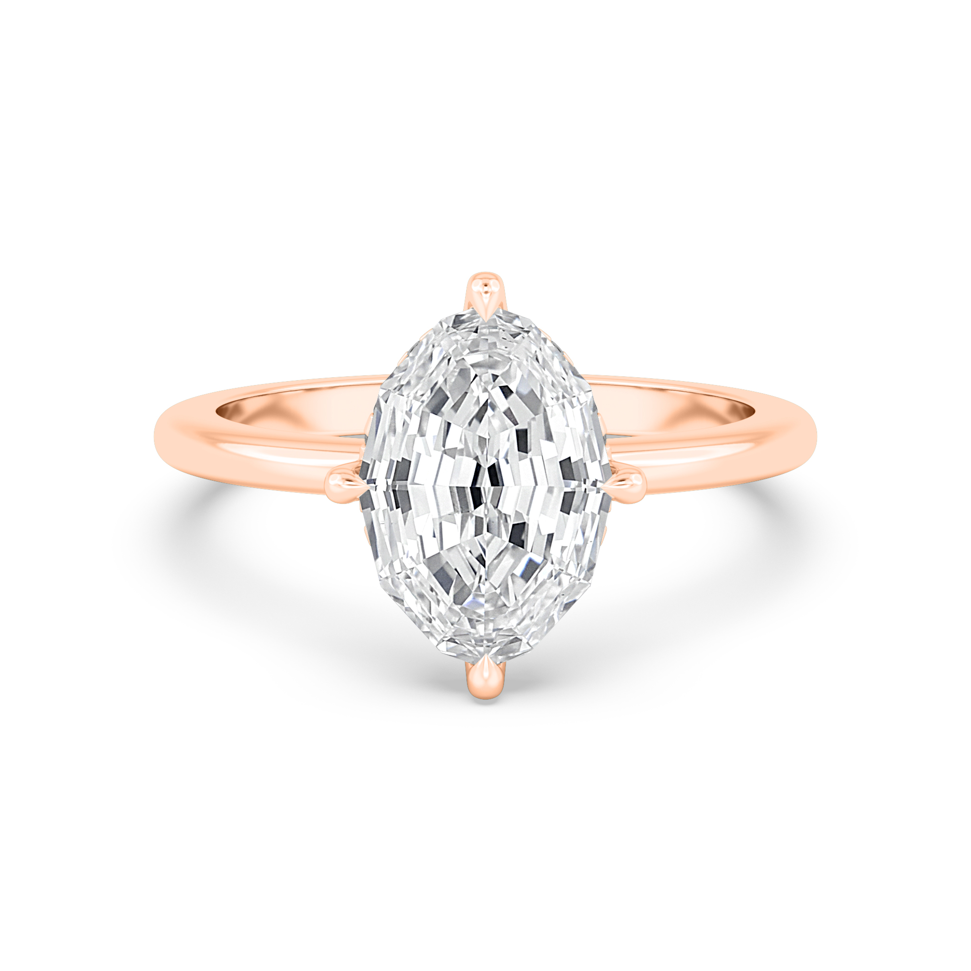Wisp, Four Prong Oval Solitaire, Hidden Halo, Fine Wire Band in Rose Gold, oval, plain background