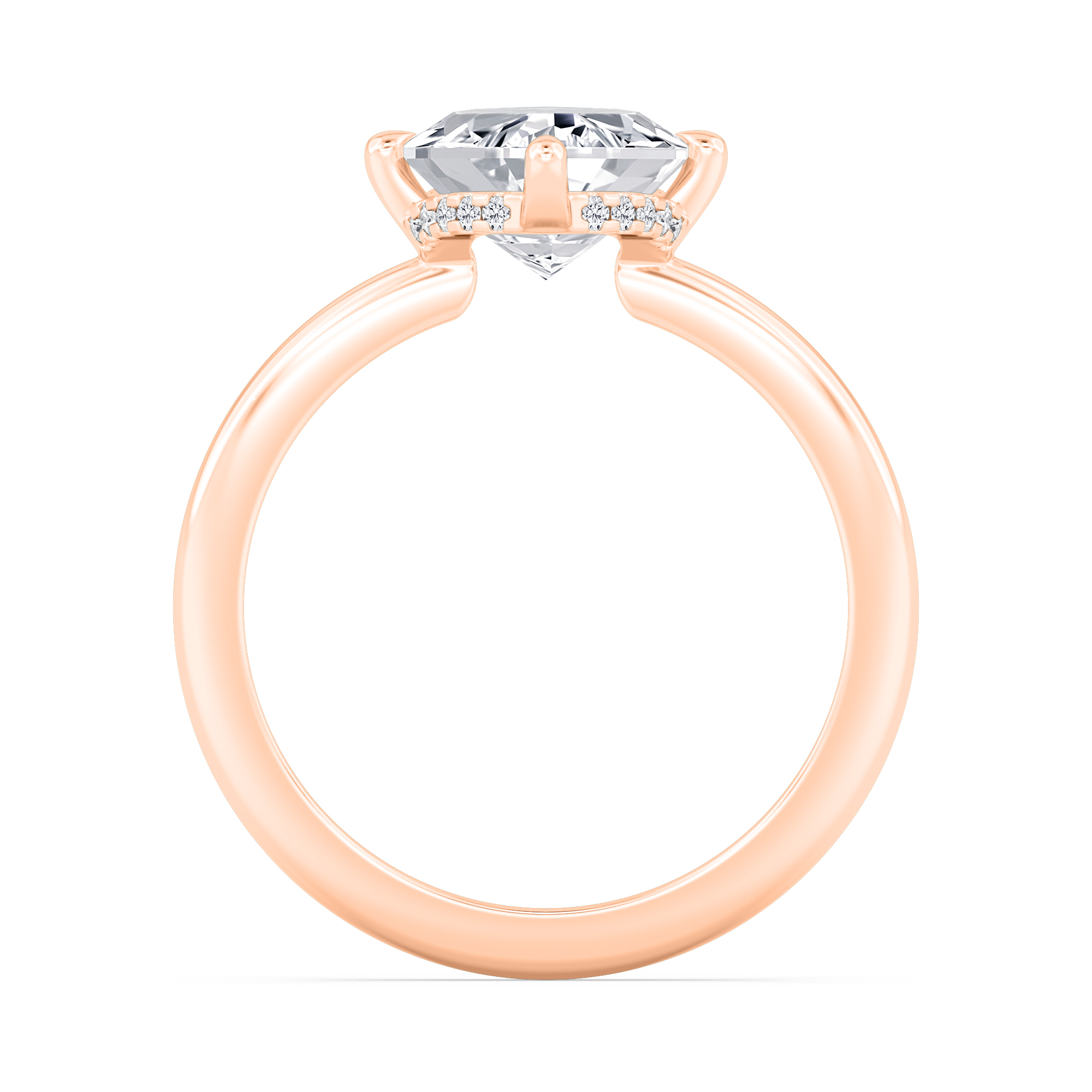 Wisp, Four Prong Oval Solitaire, Hidden Halo, Fine Wire Band in Rose Gold, oval, plain background, alternate view