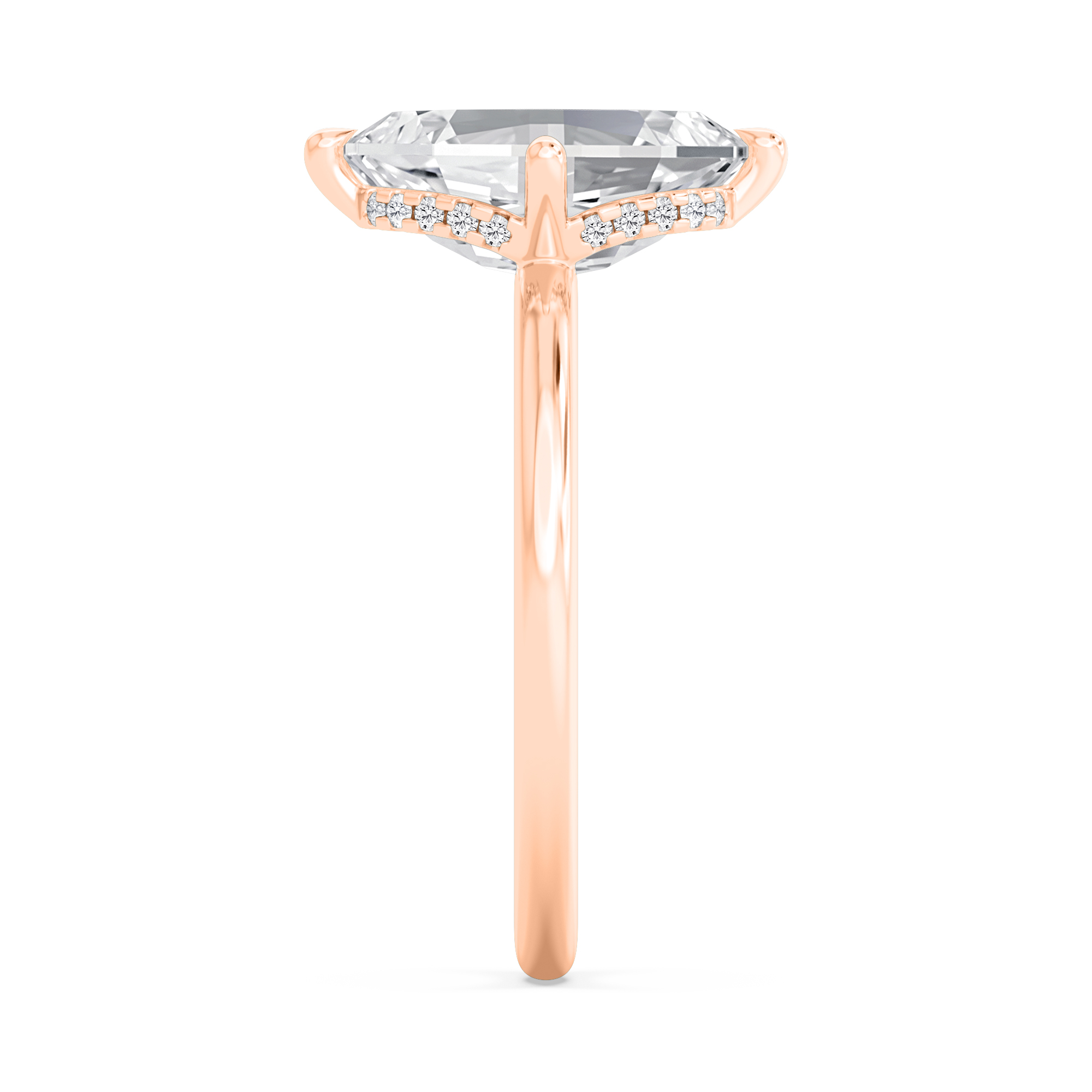 Wisp, Four Prong Oval Solitaire, Hidden Halo, Fine Wire Band in Rose Gold, oval, plain background, alternate view