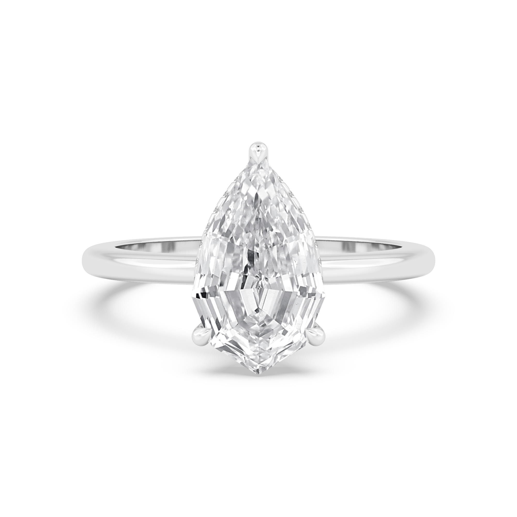 Yew, Five Prong Pear Solitaire, Hidden Halo in White Gold, pear, plain background