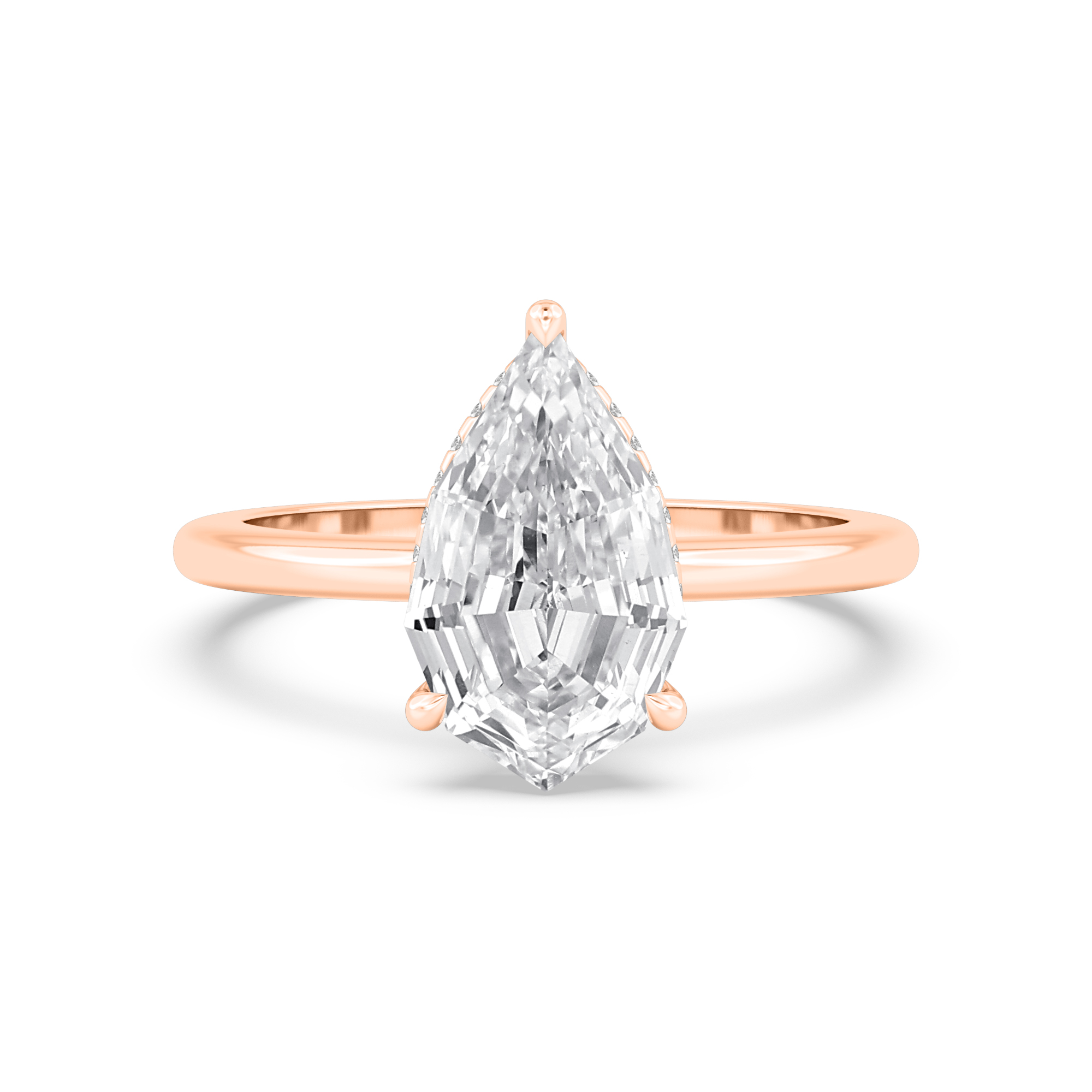 Cinder, Five Prong Pear Solitaire in Rose Gold, pear, plain background