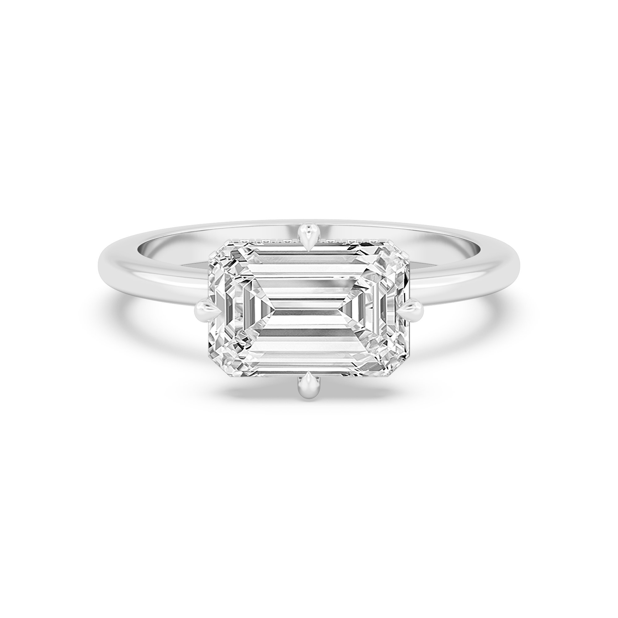 Harbour, Four Prong Emerald East-West Solitaire, Hidden Halo in White Gold, emerald, plain background