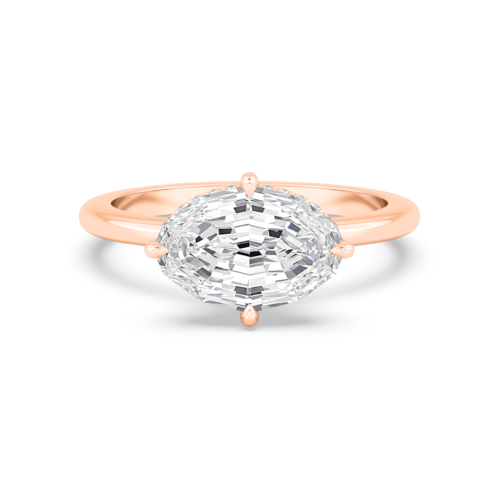 Dapple, Four Prong Oval East-West Solitaire, Hidden Halo in Rose Gold, oval, plain background