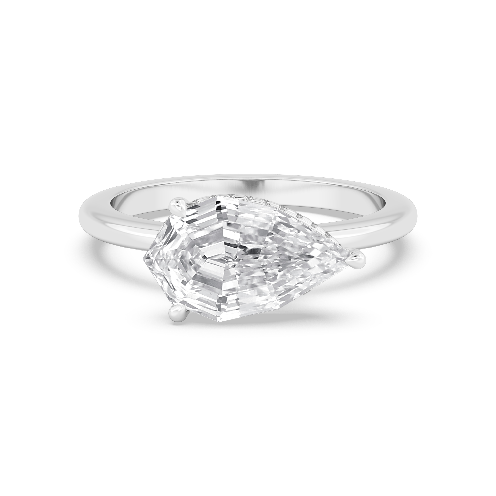 Fleck, Five Prong Pear East-West Solitaire, Hidden Halo in White Gold, pear, plain background